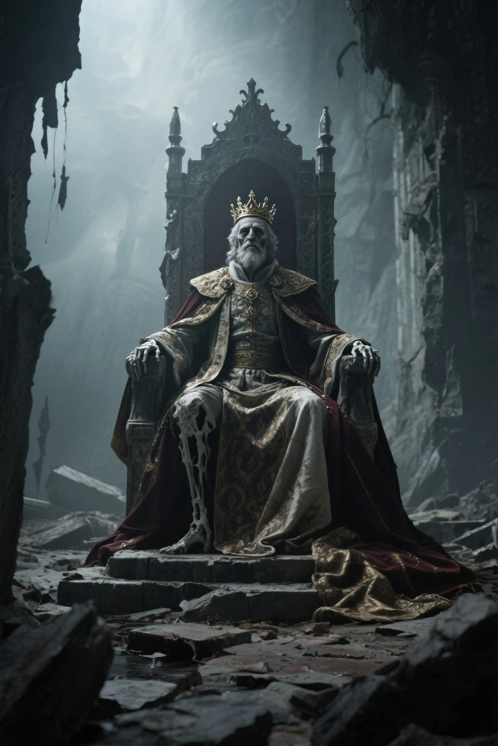 The remains of a noble still seated on a crumbling throne, dressed in regal attire with a crown resting gently, untouched by time, surrounded by silence and solemn decay, realistic and dignified fantasy