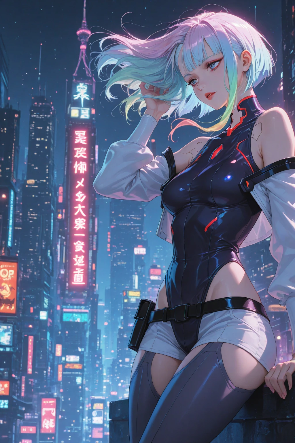 ((melhor qualidade)), ((tmasterpiece)), (um detalhado:1.4),((Corpo inteiroesbiano)),Improved dynamic perspective,menina cyberpunk sexy bonita,夏天,camisa branca,Saia de passo,salto em altura,Black silk pantyhose,耳Nipple Ring,Come to me,Future Sci-Fi City Street,fotografia de rua,cores brilhantes,magical dream,Optical,Qulidade Superior,super-fino,pelos pubianos detalhados,preciso,Cinematic lighting,renderizador OC