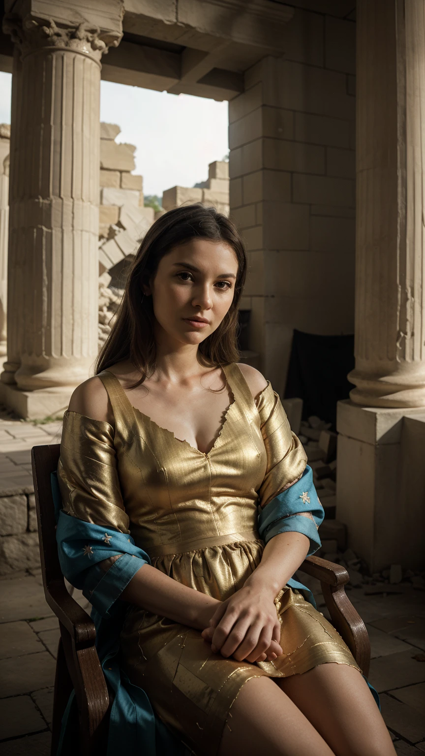 ((Highest quality)), ((masterpiece)), (detailed), One girl, A flawless face, an overwhelming goddess. Black hair, long and flowing. Mysterious and awe-inspiring. A sparkling crown. Upper body, facing forward. The background is the Athena Temple. twitter header 