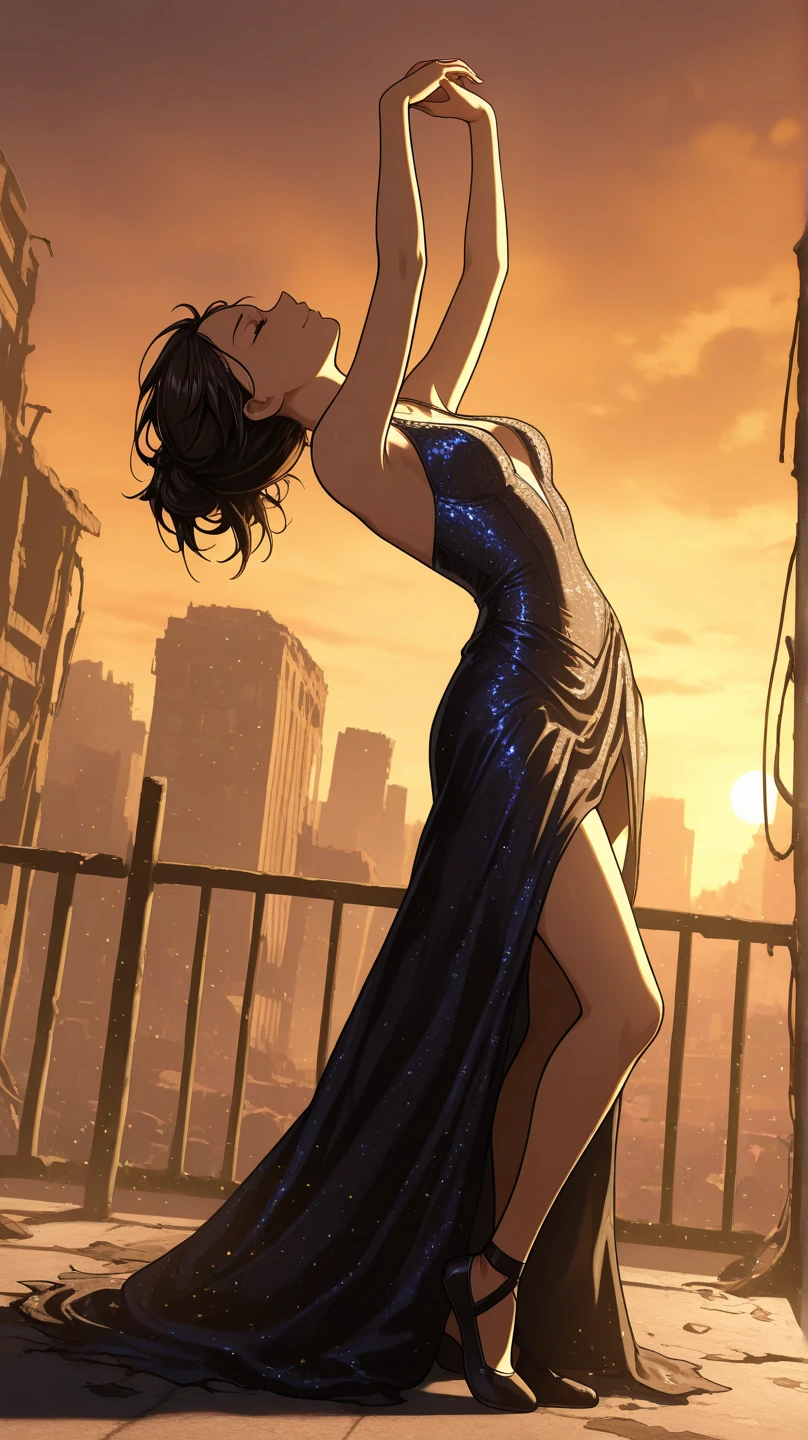 1girl , solo , post-apocalyptic world , The surviving noblewoman , Outdoor concert venue in a ruined city , Dancing ballet gracefully on a stage on the verge of collapse , A fantastical scene bathed in the setting sun , close eyes , evening gown , damaged clothes , acrobatic pose , 
break , 
( ambient occlusion:0.9 ) , masterpiece , best quality , ultra-detailed , high resolution , extremely detailed CG , unity 8k wallpaper , super detailed skin , perfect  , detailed beautiful face , detailed beautiful eyes , highres , chiaroscuro , highly detailed background , elaborately designed clothes , dramatic lighting , from side , full body , dramatic angle , light particles , ARW ,  