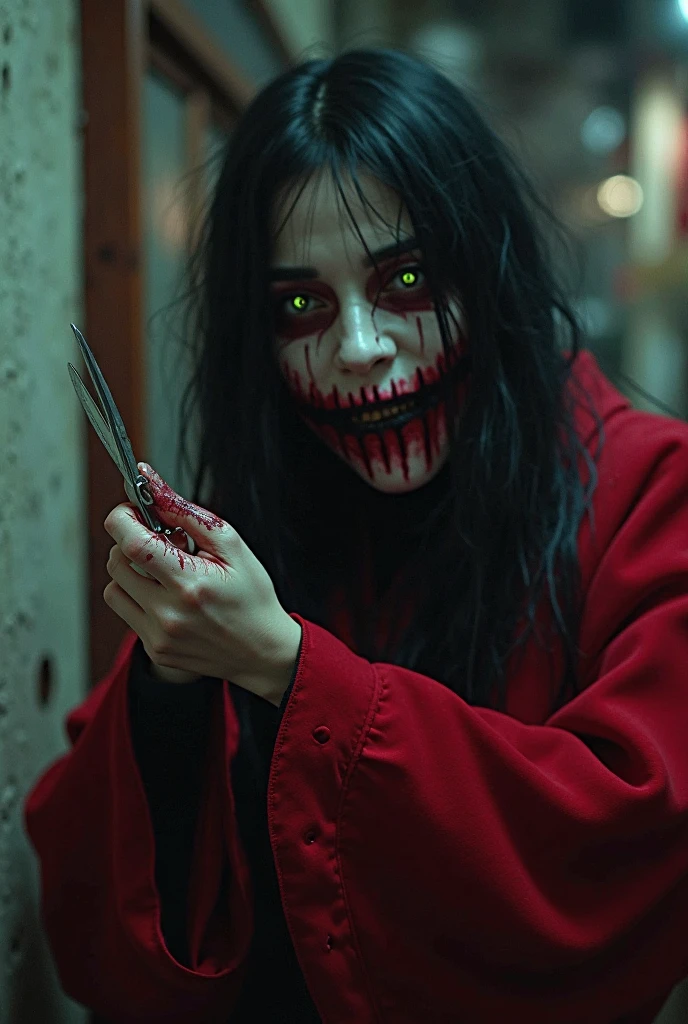 Jeff the killer Man in profile smiling maliciously with semi-long black hair black eyes white skin with his mouth cut from ear to ear  , in a blood-stained white sweatshirt running with a knife through an underground parking lot at night 
