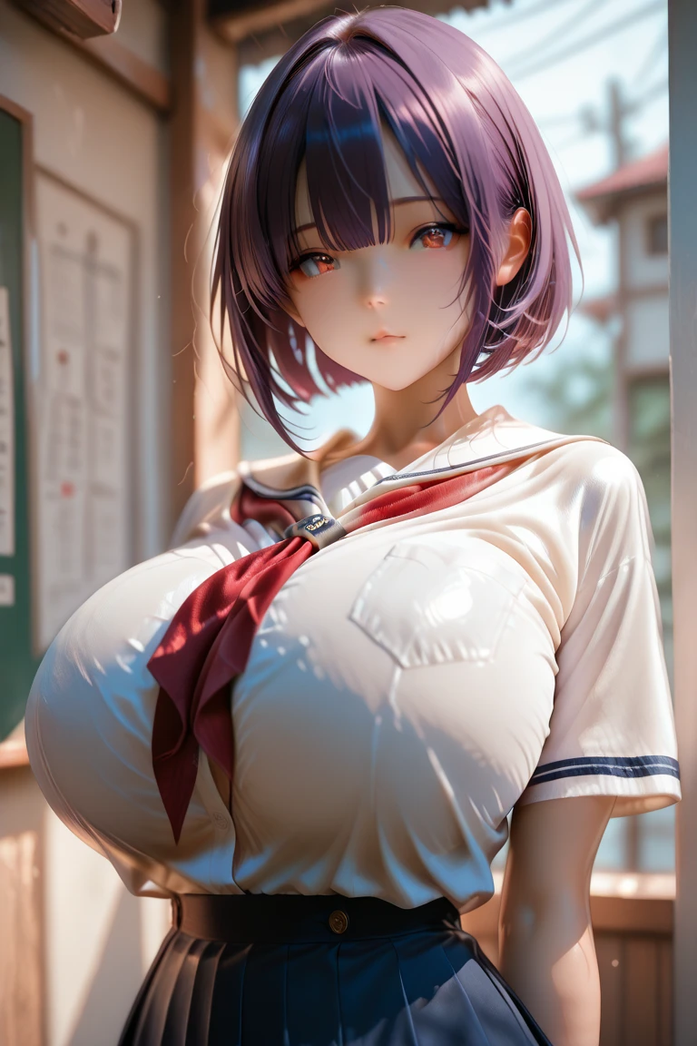 masterpiece, highly best quality, (colorful), a woman, (schoolgirl uniform), (emotionless face), (burgundy color hair), shiny oily tan skin, huge long breasts, curvy, bbw, nsfw, thick, outdoorbackground, <lora:flat2:-1>