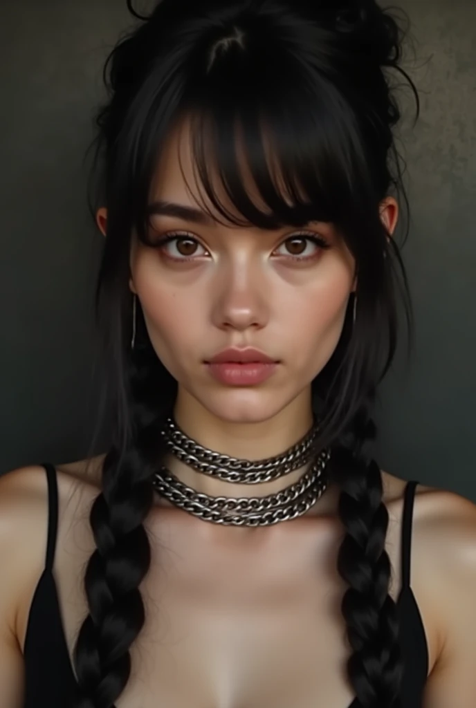 masterpiece, solo, highly detailed, ultra-detailed, ultra high res, (photorealistic:1.333), (best quality), (best shadow),detailed, perfect lighting, dark brown hair, very long hair, braids, [face freckles], (blue eyes), choker, smokey make up,  close up, portrait, in a royal palace bath hall, (small breasts:1.3)