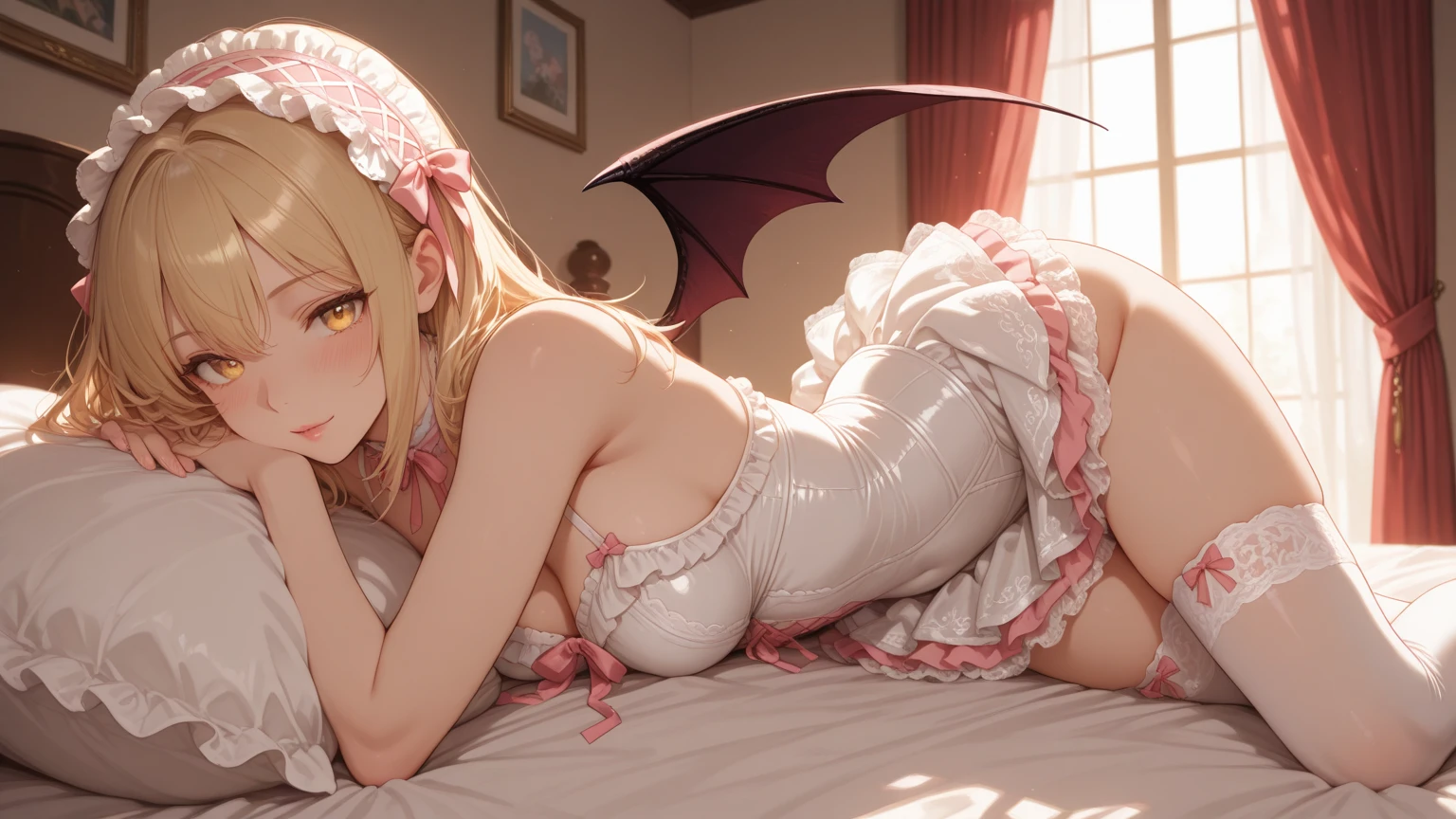 touhou project, Flandre Scarlet sitting on the bed wearing JK, Cross your hands at your waist, Light hair, Warm lighting, Blurred foreground, Lovely, Change, Japanese cartoons, 4K, With devil wings, Shower cap, masterpiece, Upper Body