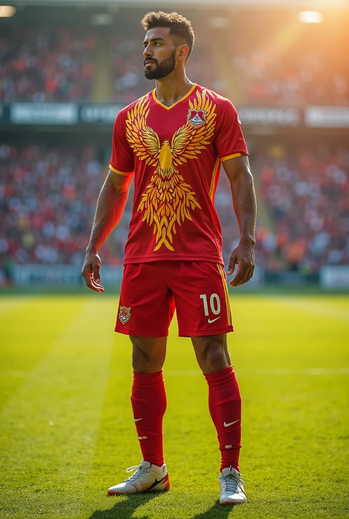Soccer uniform with red colors and gold details, eagle logo 
