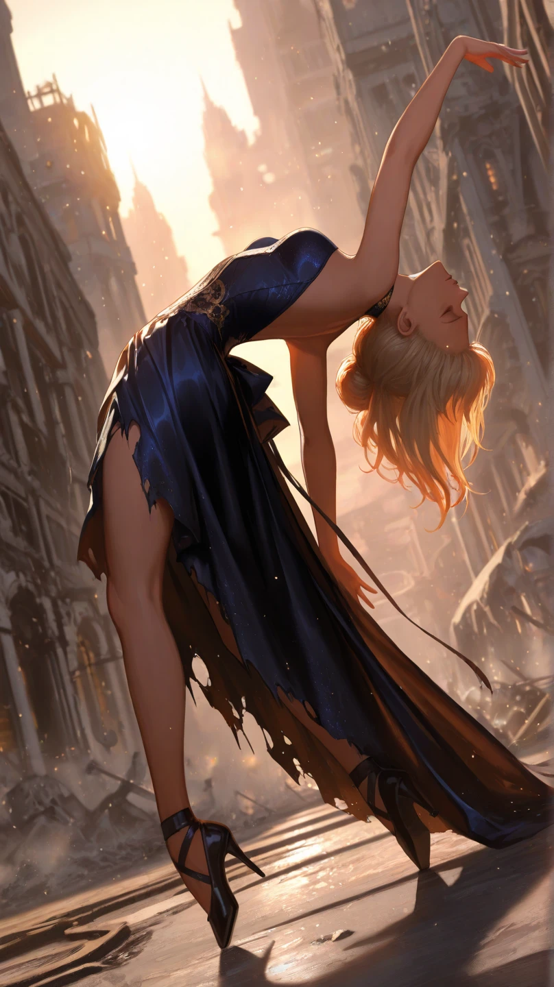 1girl , solo , post-apocalyptic world , The surviving noblewoman , Outdoor concert venue in a ruined city , Dancing ballet gracefully on a stage on the verge of collapse , A fantastical scene bathed in the setting sun , close eyes , evening gown , damaged clothes , acrobatic pose , 
break , 
( ambient occlusion:0.9 ) , masterpiece , best quality , ultra-detailed , high resolution , extremely detailed CG , unity 8k wallpaper , super detailed skin , perfect  , detailed beautiful face , detailed beautiful eyes , highres , chiaroscuro , highly detailed background , elaborately designed clothes , dramatic lighting , from side , full body , dramatic angle , light particles , ARW ,  