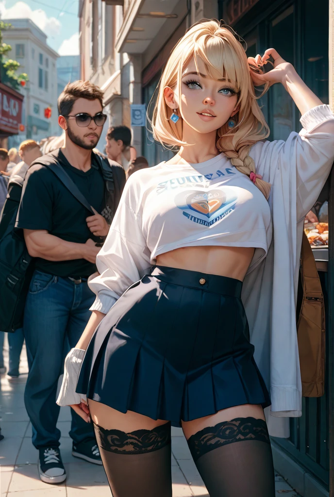 extremely detailed, high quality, masterpiece, a street scenery moves during the day with clear skies and few clouds in the sky, a modern city with large buildings and various advertisements around the city, a girl who wears round model glasses is posing for a photo in the middle of the crowd, she wears a short black skirt,  social shirt with the buttons open, the girl is lifting the skirt to show the panties, she is wearing a tight panties, a soft blue lace panties, the girl is smiling sensually at the camera, the focus of the image is on the girl the people who pass in the background are out of focus kind of blurred, the girl has a beautiful white hair in a beautiful braid,  a braid of the whole hair, (Solo:1.4), the girl has light blue eyes, has freckles on her face and lap of the breasts, (Bimbo: 2.8)(thin waist: 1.2)(Thick lips: 1.3)(Voluptuous: 2.6)(Curve: 1.3)(Deep neckline: 1.3),Gigantic Breasts:1.8, the girl wears round model glasses, round lens glasses, 90's anime-style drawing,  with large, vibrant eyes, vibrant colors, and solid shadows