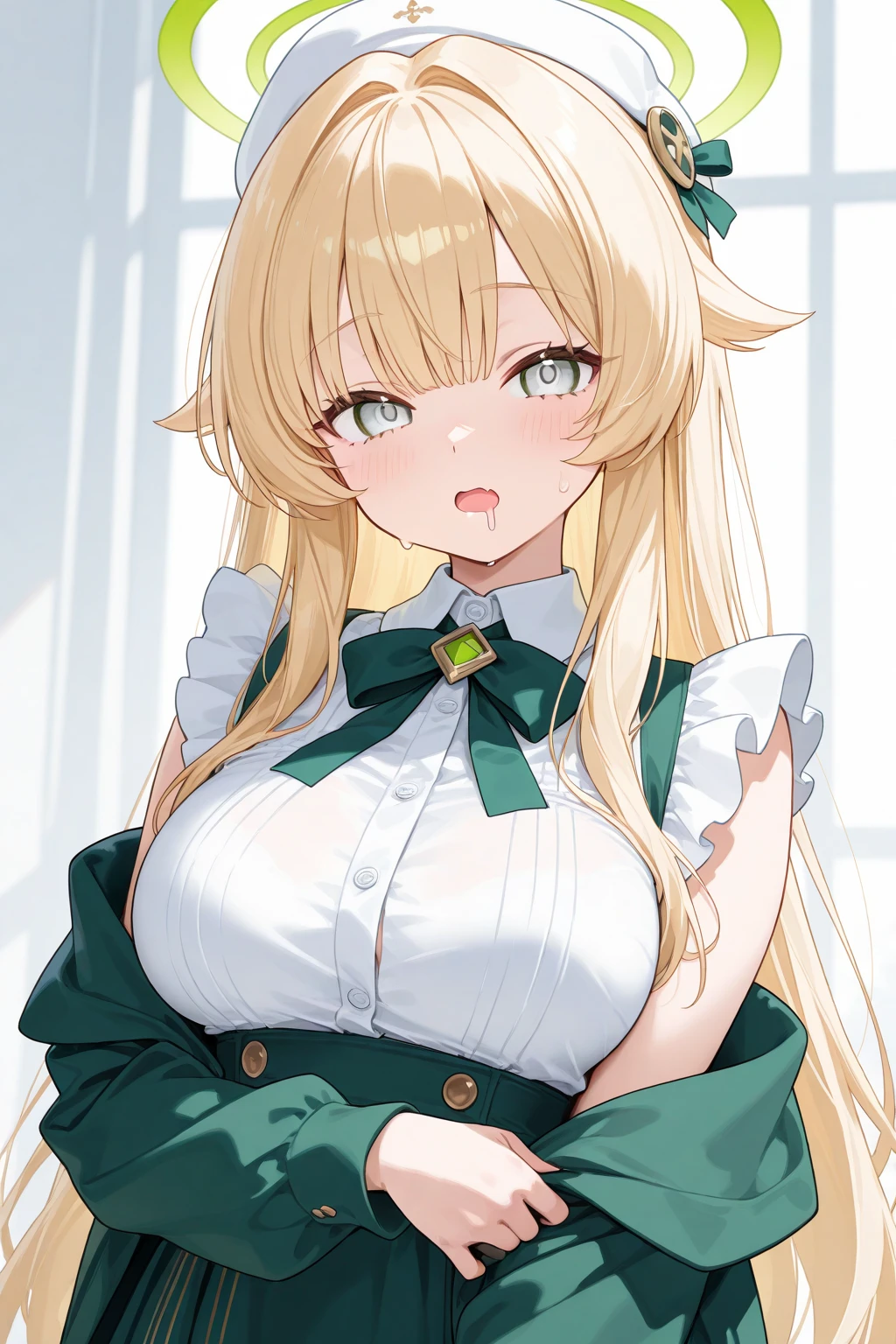 (8k, highest quality, masterpiece:1.2),\(Green Eyes\),(\(Garment Details\)\),cowboy shot,(Huge boobs) ,Very detailedなCG Unity 8k 巨大なファイルサイズ,Very detailed,High resolution,Absurd,Beautiful Eyes,Ray Tracing,Dramatic Shadows,finely,Hyper Detail,(1 girl:1.3),(alone),(Blonde girl),wear(Cosplay_,Latex skirt、Cute green and white ruffled latex shirt),blush、Thick thighs、hot、Haa、Simple Background、Sexy pose、Cleavage、Knee socks