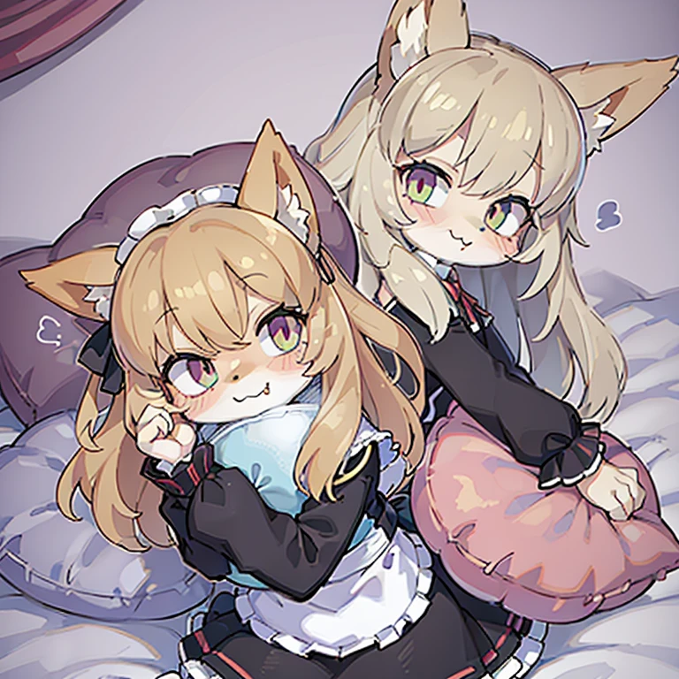 bright look、photorealism、highest quality、ultra high resolution、photograph、Photograph of an exquisitely beautiful Scandinavian girl、extraordinary beautiful girl、Detailed cute and beautiful face、(Pure Eros Face_v1:0.008)、beautiful bangs、alice in wonderland、18-year-old、glowing white shiny skin、Flow of hair that extends to the face、bangs between the eyes、super long hair、Attractive light and dark platinum blonde super long straight silky hair、thin hair、Charming shining beautiful bright clear light blue big eyes、white apron、yellow dress、eyeliner、double eyelids、rich bust、two girls、cat ears、Laughter、short skirt、White lace underskirt、pink panties、