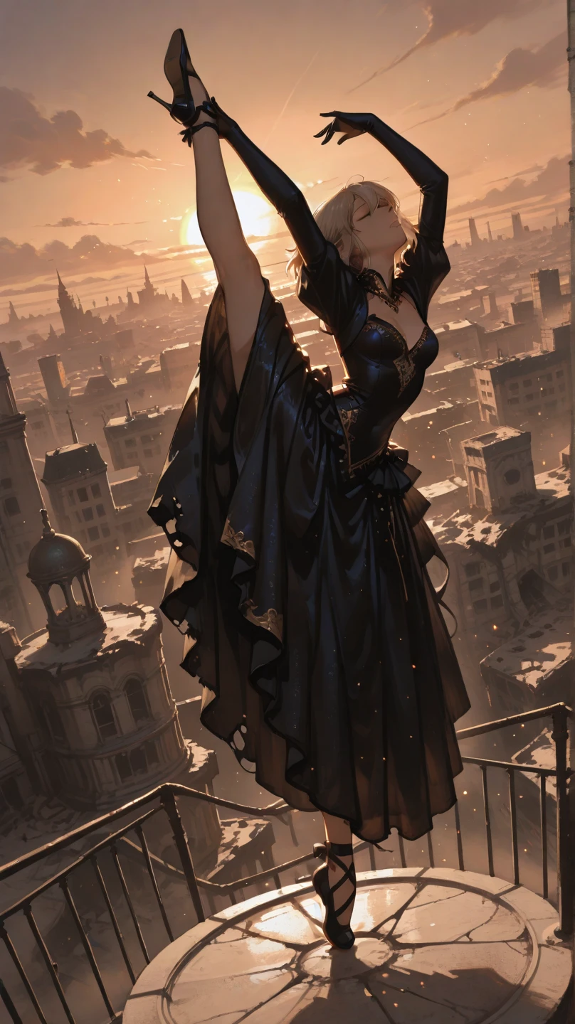 1girl , solo , post-apocalyptic world , The surviving noblewoman , Outdoor concert venue in a ruined city , Dancing ballet gracefully on a stage on the verge of collapse , A fantastical scene bathed in the setting sun , close eyes , evening gown , damaged clothes , acrobatic pose , 
break , 
( ambient occlusion:0.9 ) , masterpiece , best quality , ultra-detailed , high resolution , extremely detailed CG , unity 8k wallpaper , super detailed skin , perfect  , detailed beautiful face , detailed beautiful eyes , highres , chiaroscuro , highly detailed background , elaborately designed clothes , dramatic lighting , from side , full body , dramatic angle , light particles , ARW ,  