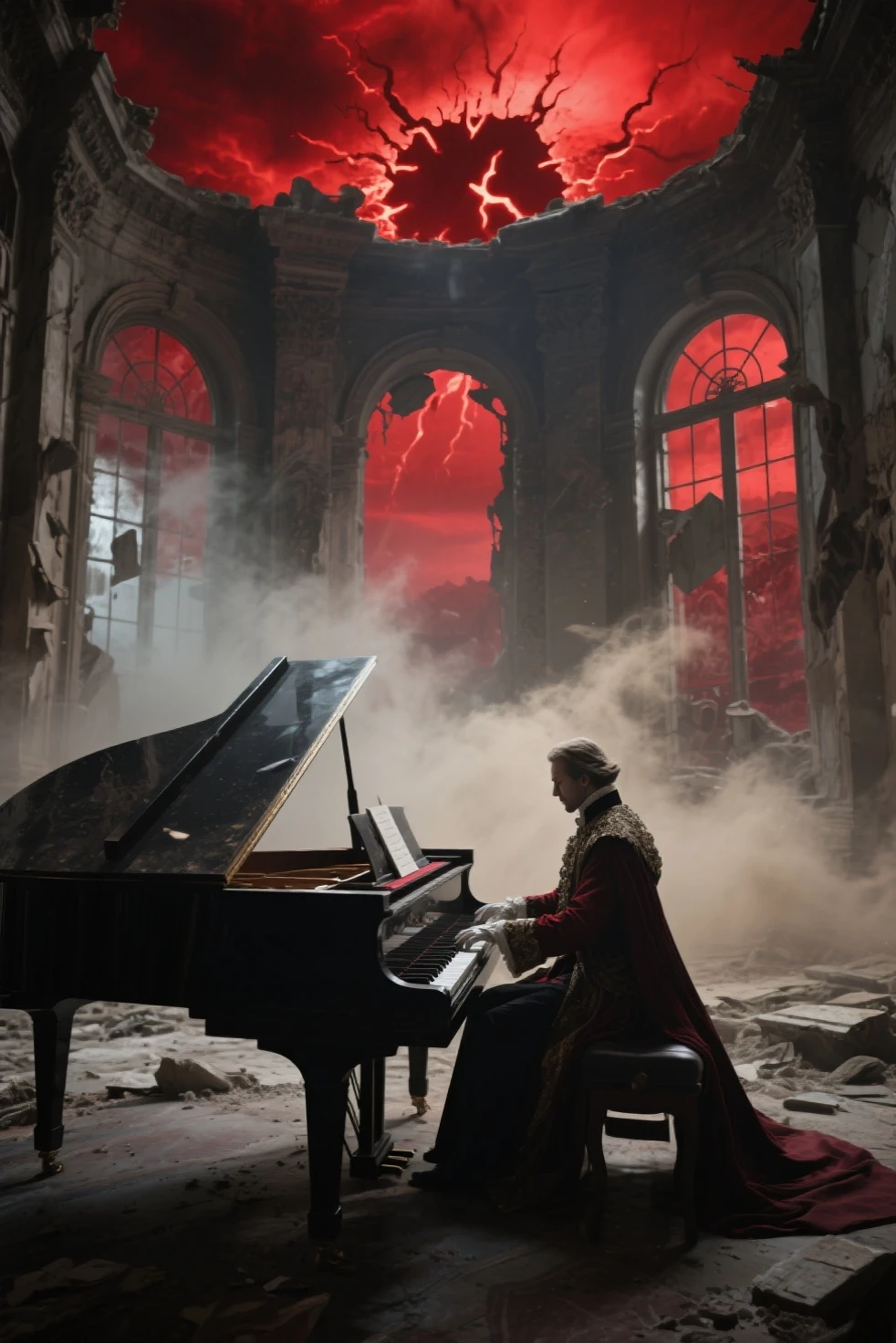 A noble playing a grand piano in the ruined hall of a once-glorious estate, the sky outside glowing red with signs of apocalypse, dust drifting across the keys, poetic and haunting atmosphere blending realism and fantasy