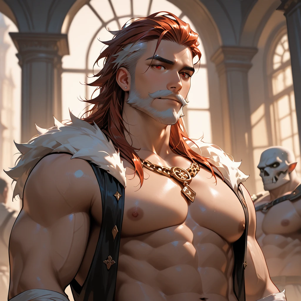 A muscular man, male, handsome detailed face, short hairstyle, humanoid deer costume with antlers on head, large breasts, sexy look, looking directly at viewer,