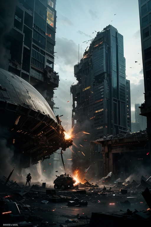 (tmasterpiece,top Quority,best qualtiy,offcial art,Beauty and aesthetics:1.2),(1boy),Extremely detailed,(s fractal art:1.3),extremely colorful,Most detailed, preparing to fight,The tall building behind collapsed, Spectacular