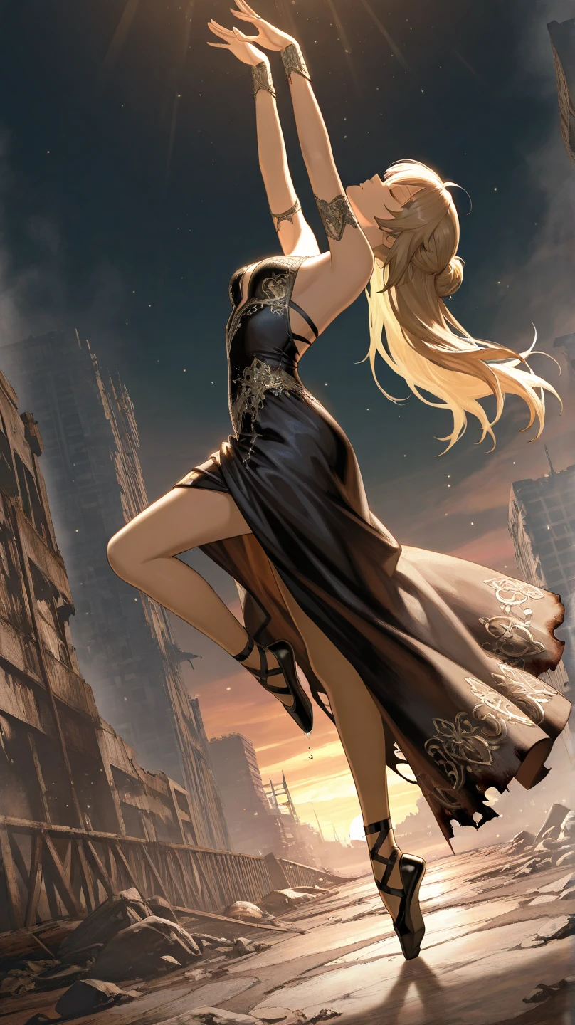1girl , solo , post-apocalyptic world , The surviving noblewoman , Outdoor concert venue in a ruined city , Dancing ballet gracefully on a stage on the verge of collapse , A fantastical scene bathed in the setting sun , close eyes , evening gown , damaged clothes , acrobatic pose , 
break , 
( ambient occlusion:0.9 ) , masterpiece , best quality , ultra-detailed , high resolution , extremely detailed CG , unity 8k wallpaper , super detailed skin , perfect  , detailed beautiful face , detailed beautiful eyes , highres , chiaroscuro , highly detailed background , elaborately designed clothes , dramatic lighting , from side , full body , dramatic angle , light particles , ARW ,  