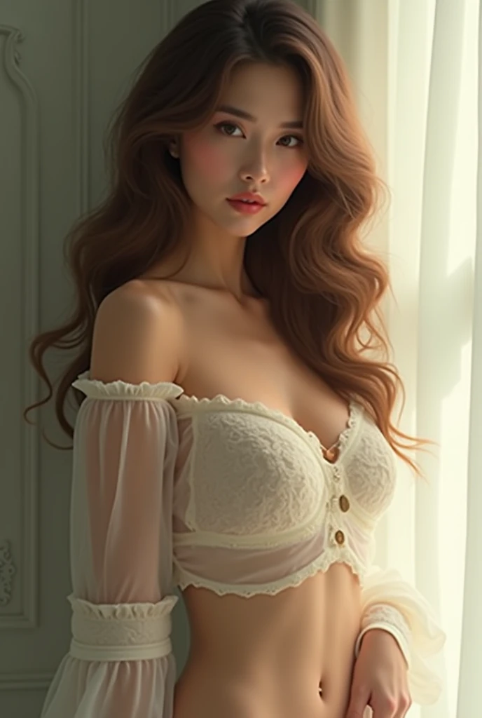 Create an image of a beautiful woman wearing traditional Thai see-through lingerie, so thin that you can see the sexiest skin. She has a slender face, sharp eyes, long hair, an angled face, a high nose, thin lips, a chest size of 32 inches, a waist size of 24 inches, hips size 33 inches, her skin is bright and white. she has brown hair She has pink nipples Her body was slim and muscular like an athlete. And she was sitting with her legs spread open showing her very attractive genitals.
