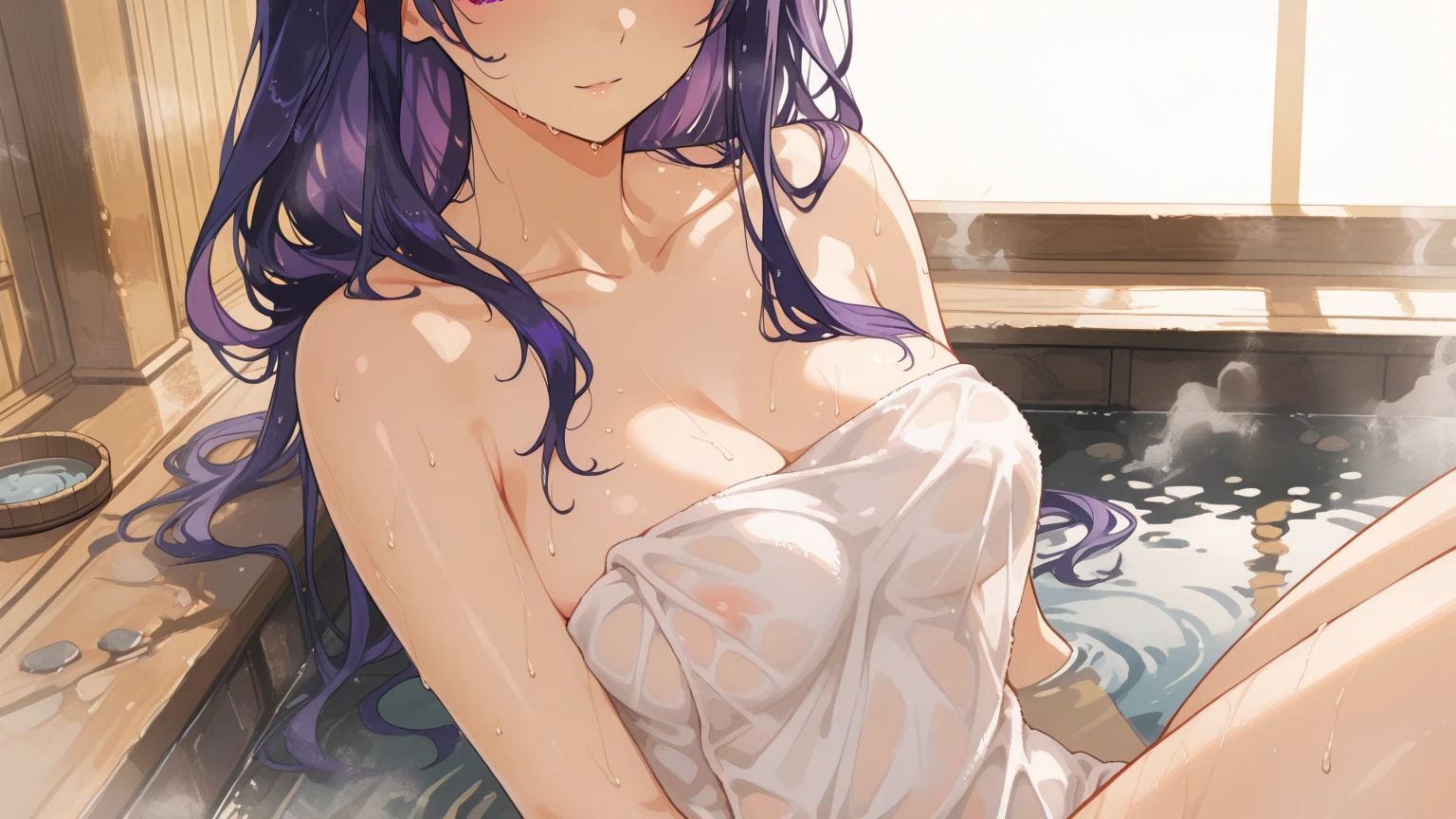 a beauti，blue pink hair，Purple eye，largeeyes，Eyes，shyexpression，Dita，The chest is large，Thin waist，taking a shower，empty handed，Eau，the night，lamplight，steins，open air，common bathing pool，Sit in the water，The upper body is in the water，The whole body is immersed in water，A white towel is draped over his chest，No bra