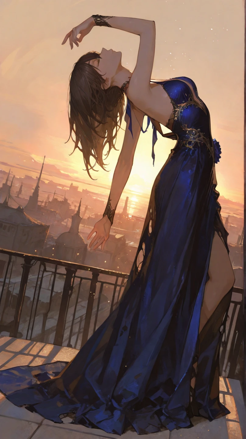1girl , solo , post-apocalyptic world , The surviving noblewoman , Outdoor concert venue in a ruined city , Dancing ballet gracefully on a stage on the verge of collapse , A fantastical scene bathed in the setting sun , close eyes , evening gown , damaged clothes , acrobatic pose , 
break , 
( ambient occlusion:0.9 ) , masterpiece , best quality , ultra-detailed , high resolution , extremely detailed CG , unity 8k wallpaper , super detailed skin , perfect  , detailed beautiful face , detailed beautiful eyes , highres , chiaroscuro , highly detailed background , elaborately designed clothes , dramatic lighting , from side , full body , dramatic angle , light particles , ARW ,  