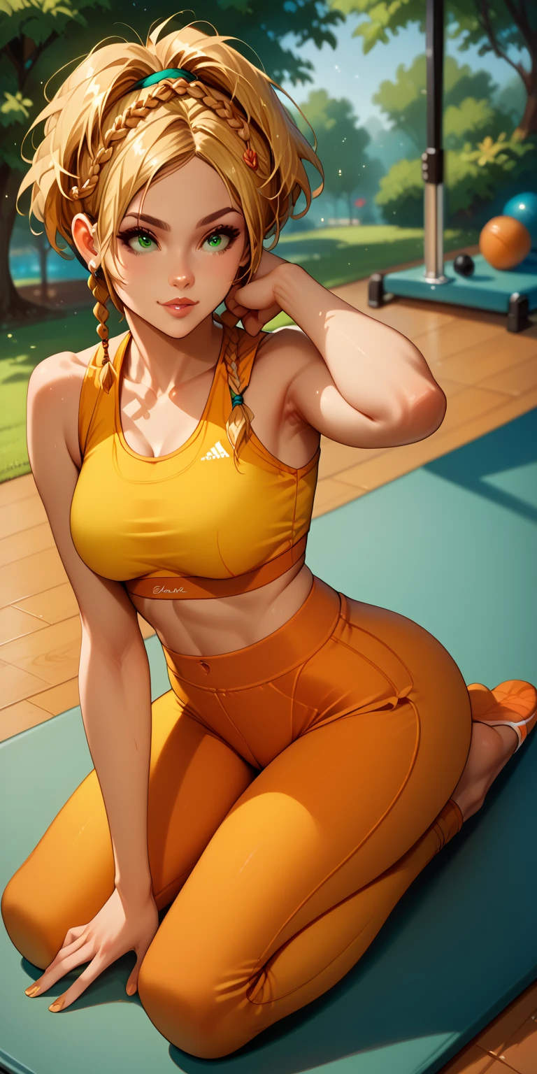 (solo), (a detailed full-body RAW photo of a woman), milf, Asian eyes, (masterpiece: 1.0), (best quality: 1.4), (ultra highres: 1.2), (photorealistic: 1.4), 8k resolution, Canon EOS R5, 50mm, absurd, ultra detailed, (40yo), focus sharp, cinematic lighting, detailed beautiful face, (makeup: 1.2), (ulzzang-6500-v1.1), small figure, detailed skin texture, pale skin, large silicone chest, (sexy tabby and fit body: 1.3), thigh opening, blonde hair tied, blonde hair, (Asian face), smiling, (sports bra, sports leggings:1.4), realistic shiny skin, (fourth:1), (cameltoe:1.3), (sweating:1.45), thin waist, seductive smile, solo, 4k