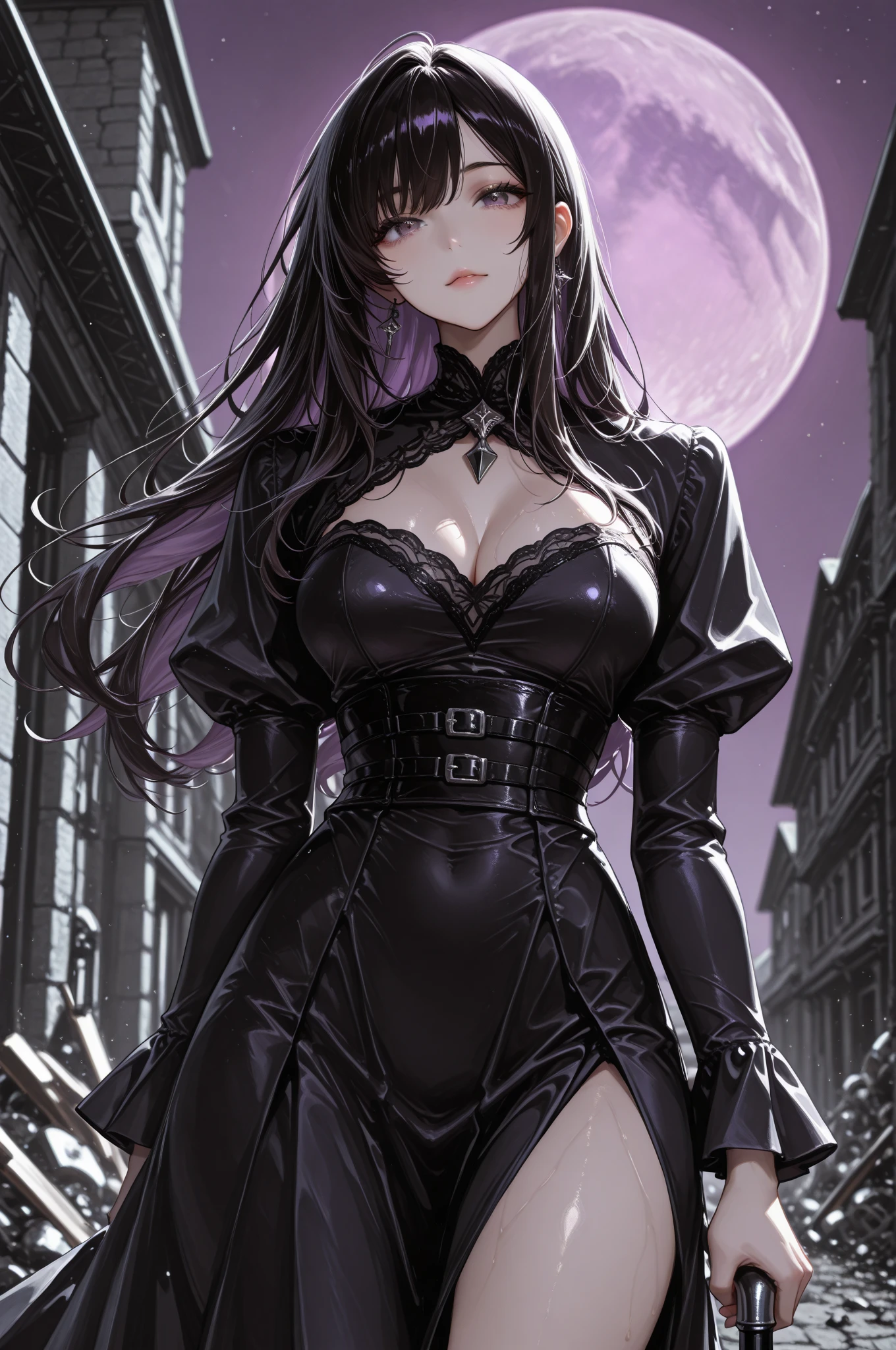(absurdres, highres, ultra detailed), (1girl:1.1), 18 years old, tomboy, tall, broad shoulders, finely detailed eyes and detailed face, black leather clothes, night, smile, dutch angle, short red hair, moon, forest, black horns in his head, silver details, earrings, black chocker, gothic, dark, vampire, black pants, horns, blue eyes, black simple dress, (high resolution, The pixels are perfect, luxurious illustration), (hyper qualit, Masterpiece, Ethereal: 1.4), (((completely :1.1)))，nun,((best quality)), ((masterpiece)), ((realistic)), Thick body, ((Sexual suggestiveness))，Seductive smile，high-heels, (naughty smile:1.1), wide hips, thin wais