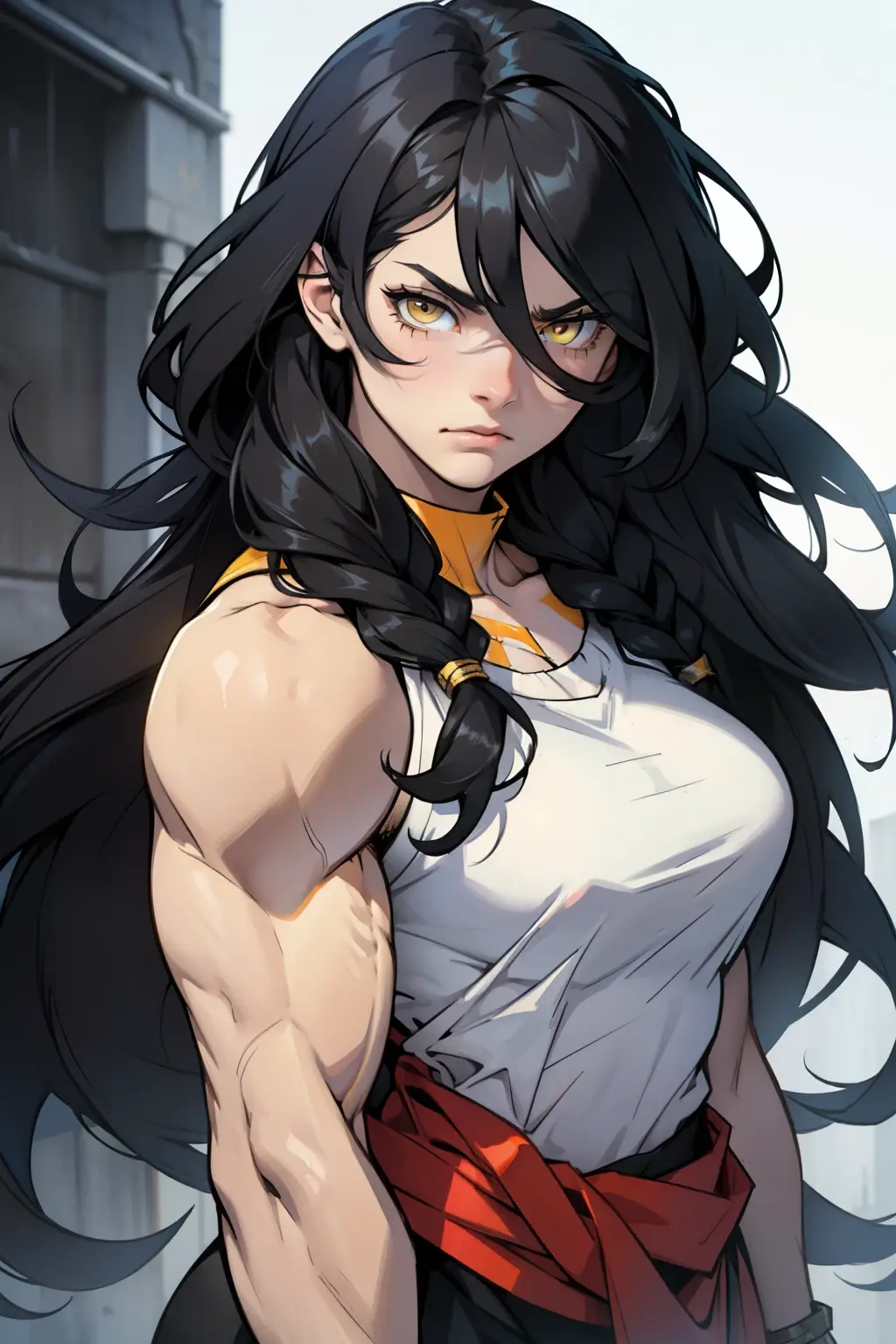 long hair long hair black hair yellow eyes pale skin muscular large breasts girl looking at viewer sad