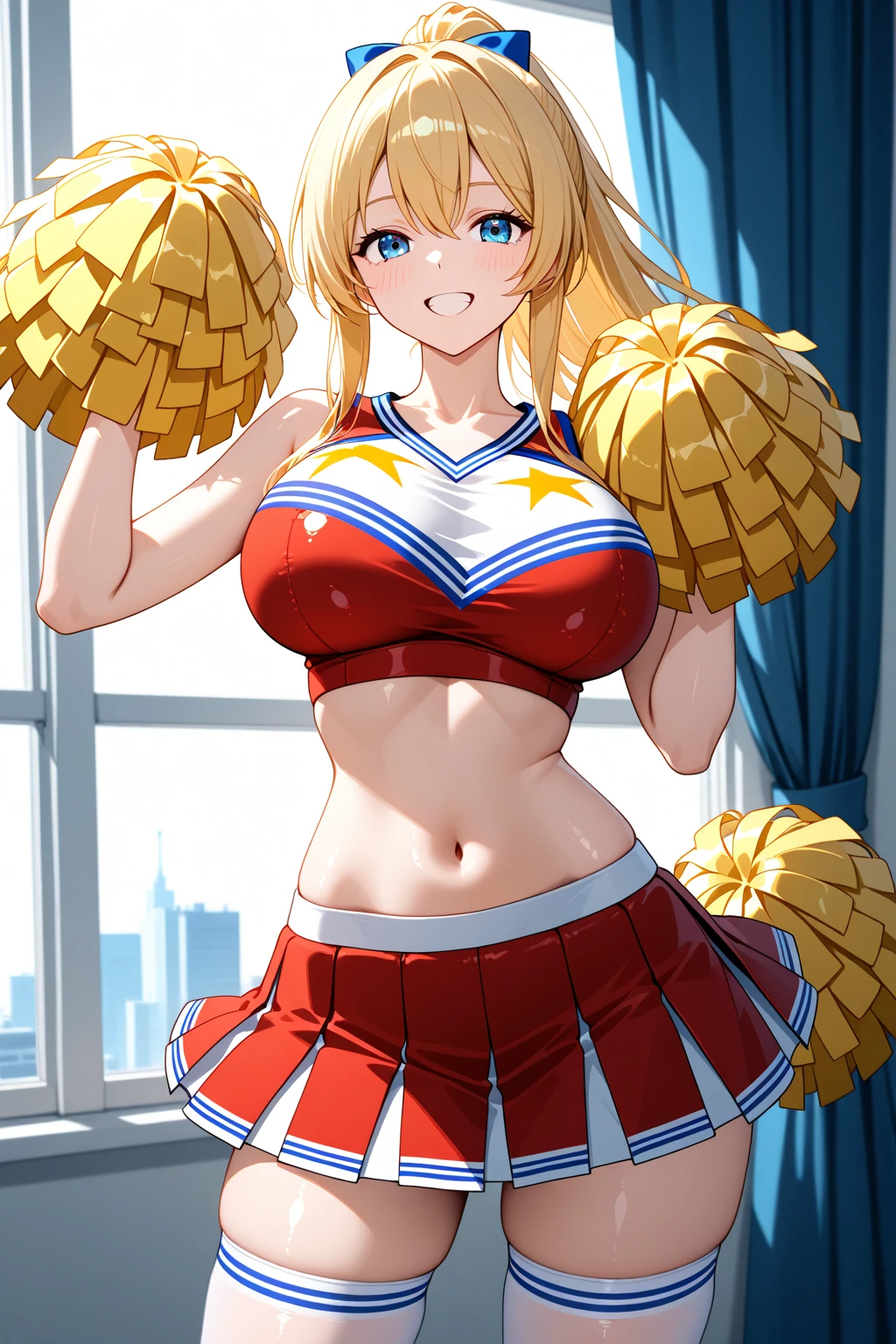 one woman,Super high quality,highest quality,underboob,underboob,Belly exposure,Angle from directly below,beautiful big breasts,Nipples are erect,blonde,cheerleader,pretty girl,Full view of pussy,standing position,