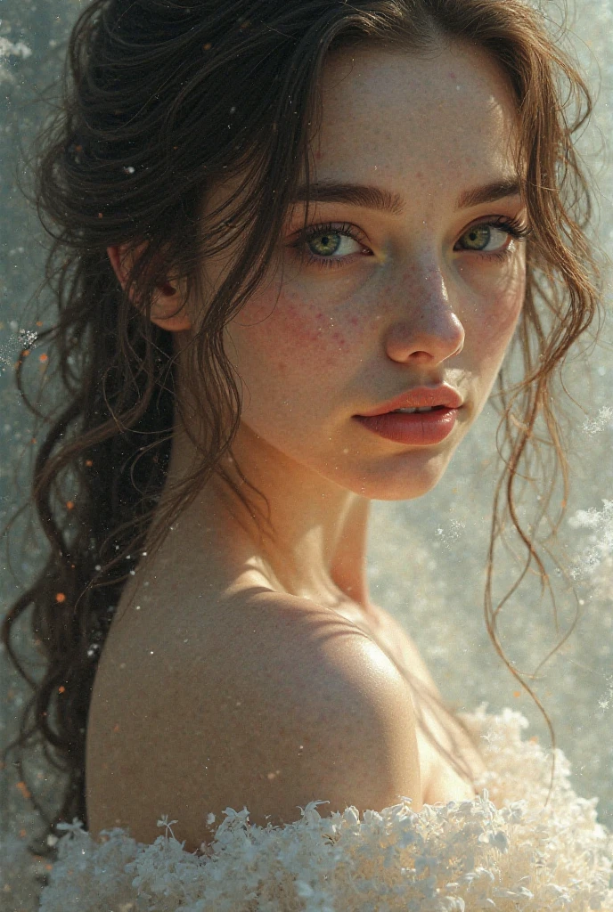 (Masterpiece, best quality:1.4), best quality, winter, ice, the head of a european model, she wears a wet white see-through bikini, red wet hair, ultra_photorealistic, detailed_face, sidebangs , dark brown eyes, she swims, submerged up to her neck, in a deep torrent icy river between ice floes, cloudy cold day, it snows heavily, but she has fun, she smiles, her hair and face are soaking wet and full of water drops, seen from a distance, snowy shore with snowy wood in background