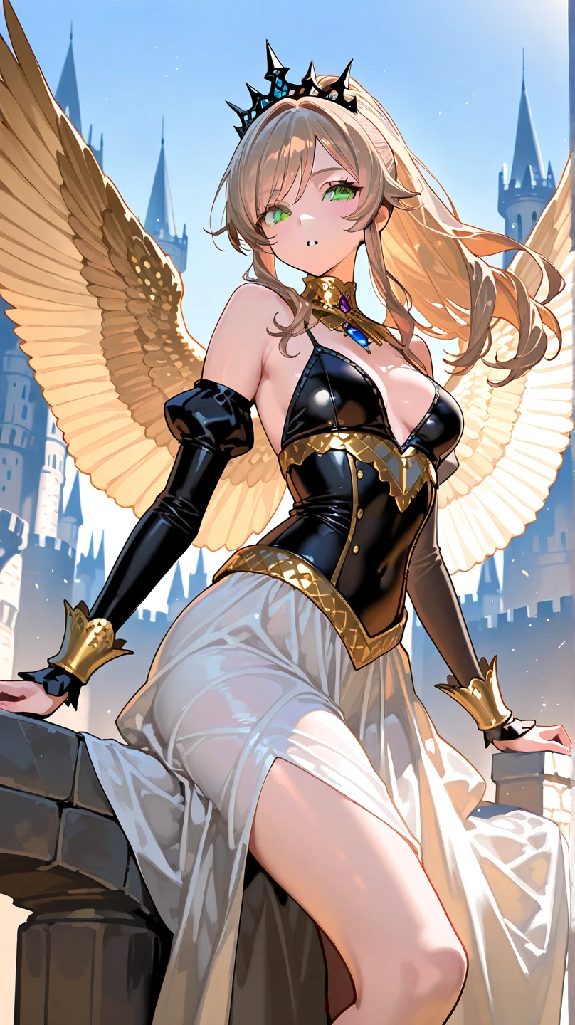 Very beautiful woman angel、Big Wings、 Angel Halo、 Ancient Greek iron armor、 Realistic、Face reality、and、Sexy smile、Small breasts、Sexy pose、