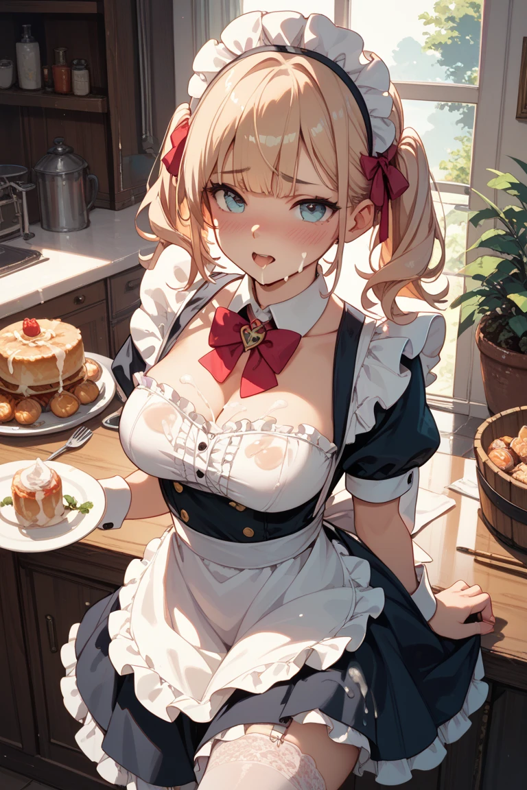 (dynamic angle:1.3, front view:1.1, breast focus:1.3, from above:1.1), (dynamic posing:1.2, sexy posing:1.2), (seductive smiling:1.3), ((looking at cake,Taking a cake out of the golden oven, worried about the outcome:1.2)),highest quality、(real、photorealistic:1.4),(ultra high resolution, 8K RAW photo, clear focus), best qualtiy, natural lighting, field depth, (Bright pupils, detailed beautiful eyes, high detailed face), Red lip, (tight focus:1.2), a girl 22yo old, Wearing a pastry chef uniform:1.3 , Thicc, thin breast, long hair, blue eyes,garter stocking, cleavage:1.2, midriff, black shorts, black thighhighs, thigh strap, pretty girl, (highly detailed beautiful face and eyes,firm breasts),real skin,((black,hair,long pony tail hair)),thin pubic hair,cute,lovely, detailed eyes,(double breasted:1.0,under bust:1.0),(with sparkling eyes and a contagious smile),open mouth, Looking at Viewer,A scene of cooking in the kitchen,looking at the golden oven