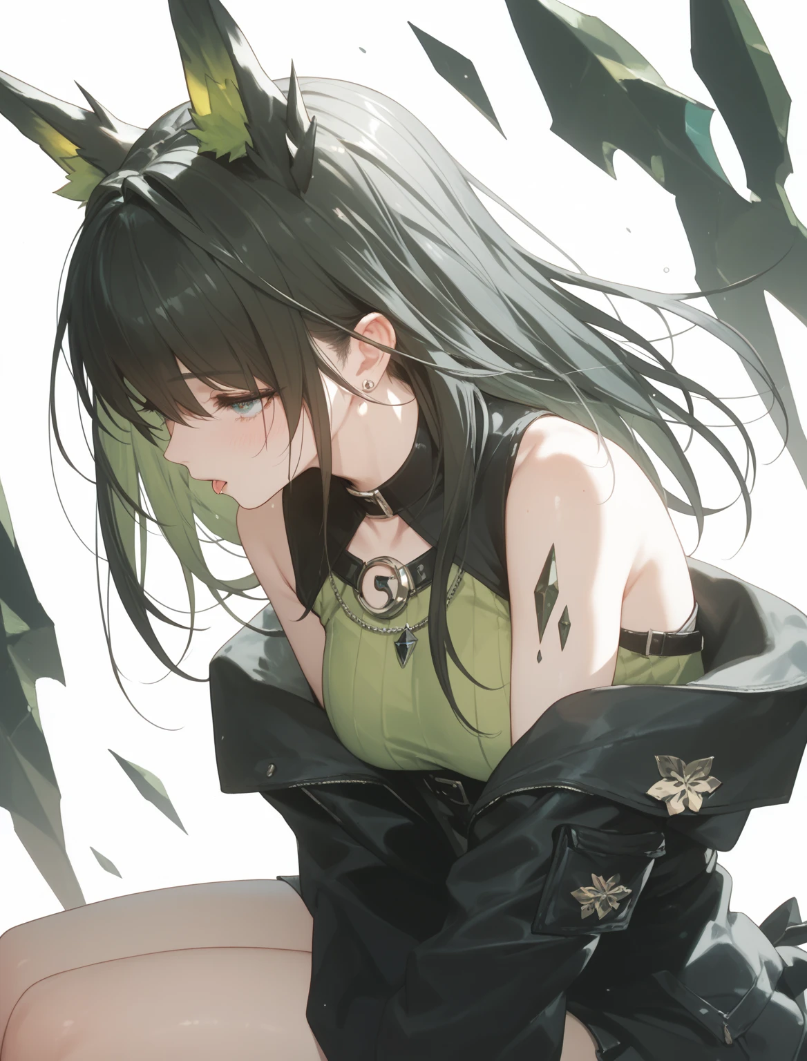 Make a girl with long wavy black hair with a green fringe on her bangs sitting showing her vagina wearing a black top with a white graffiti heart that says 