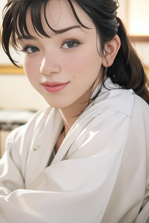 masterpiece, highest quality, 4K, Ultra-high resolution, mishoujo, Painting, Beautiful eyes and fine face, figure, Beautiful details, high resolution figure, Shine_white_particle, One girl, Small breasts、Large Breasts、High 、Japanese、Japanese Idols、A kind smile、