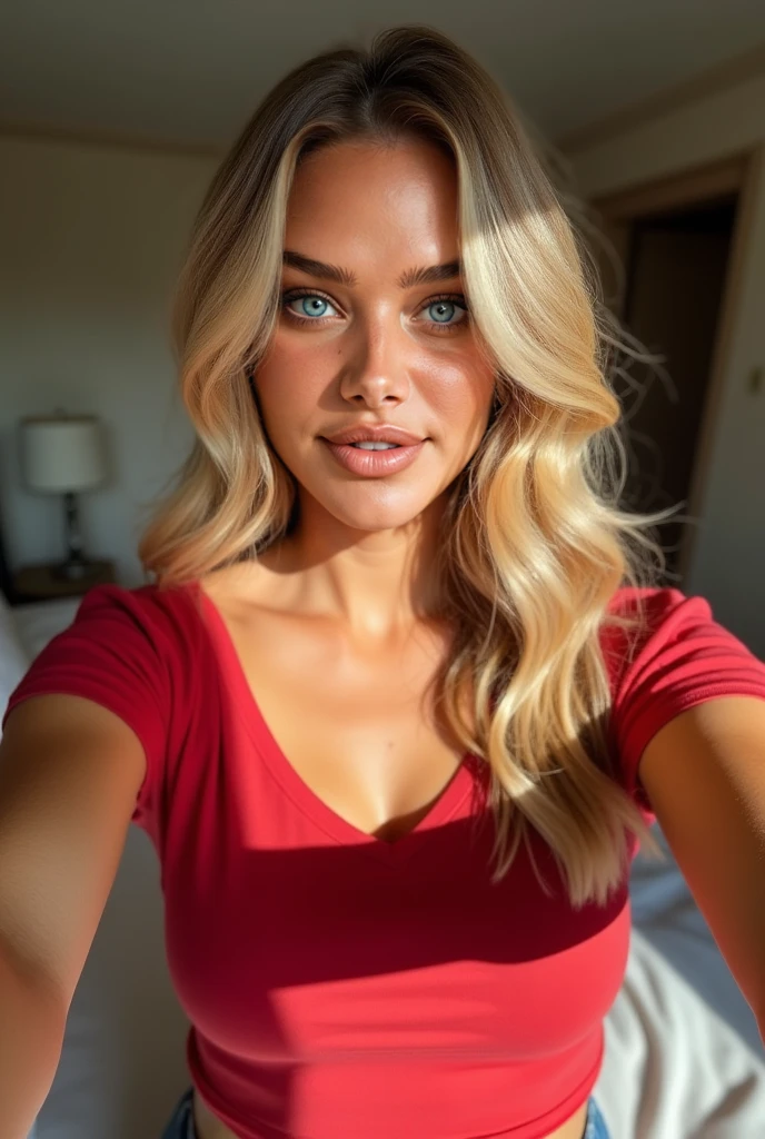 une femme blonde de 23 ans, ((gros seins)), ((Hyperréalisme)) , vu de loin, cheveux blond with light brown roots. cheveux blond, Cheveux aux racines brunes, cheveux très longs, belle, vue de face, photo avec iPhone, élégante chemise rouge avec escote, sur la plage, Haute qualité,