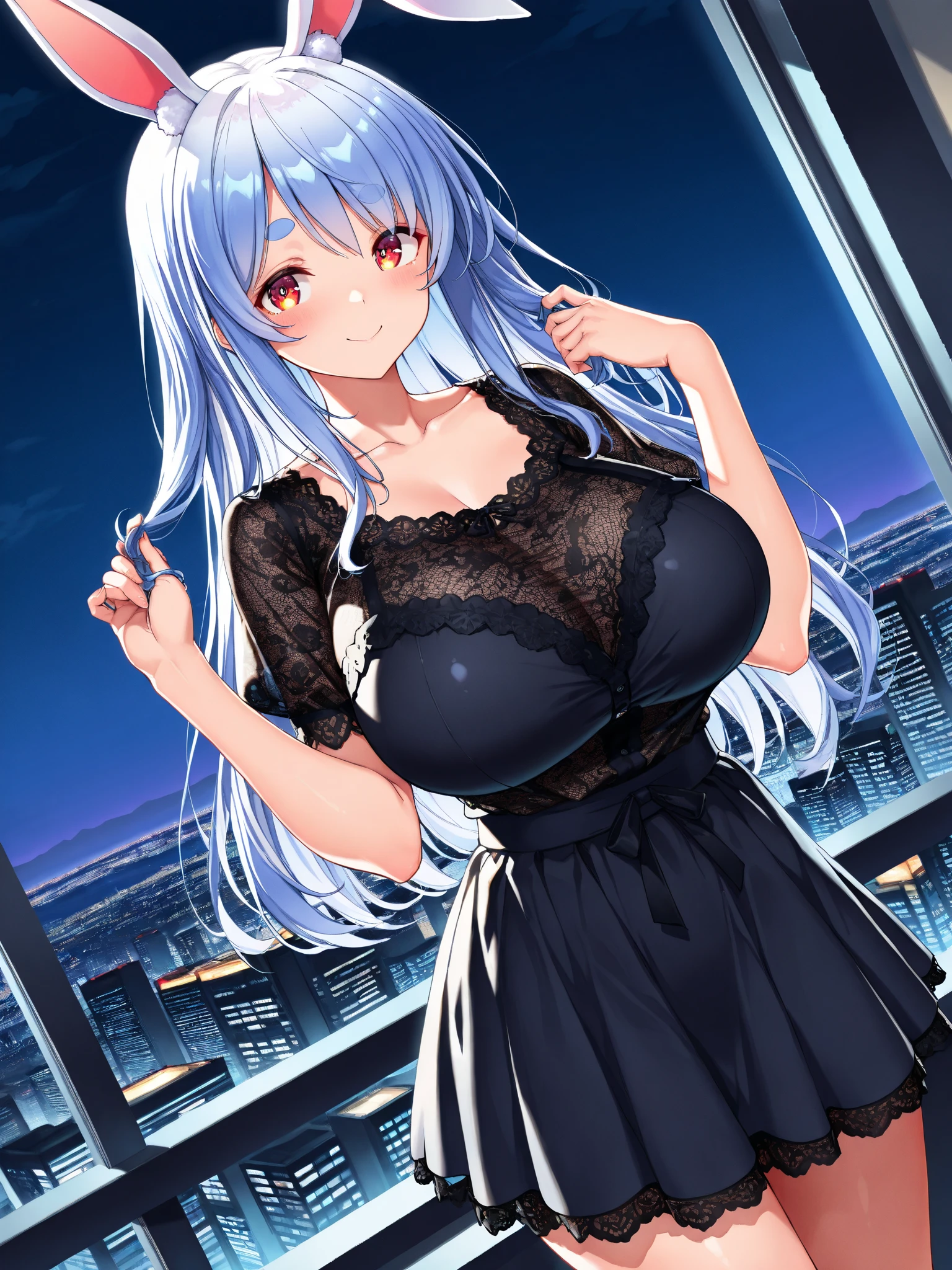 {{masterpiece, extremely detailed, 8K, absurdres, high quality shadowing}}, best quality, {solo}, {{extremely detailed girl}} perfect body, {{bare shoulders showing}} {slim waist}, {slim legs}, {{high school girl}}, {{{{detailed fingers}}}}, {{{detailed tits}}}, {{{detailed legs}}}, {{{seductive thighs}}}, {{{{extremely detailed shoulder length dark grey white hair}}}}, {{{luscious curly braided hair}}}, cat ears, {{pink inner cat ear flaps}}, {{{extremely detailed eyes}}}, {{{{sharp white cat eyes iris}}}}, {{{{dark blue eyes}}}}, {{{{vibrant eye colors}}}}, {{{blushing}}}, {{cute shy smile expression}}, night clothes, {{{{extremely detailed dark grey knitted fleece off shoulder jacket}}}}, {{{detailed black lace nightgown}}}, {{{detailed dark blue fuzzy slippers}}}, {{sitting on the bedside next to a window during a starry night}}