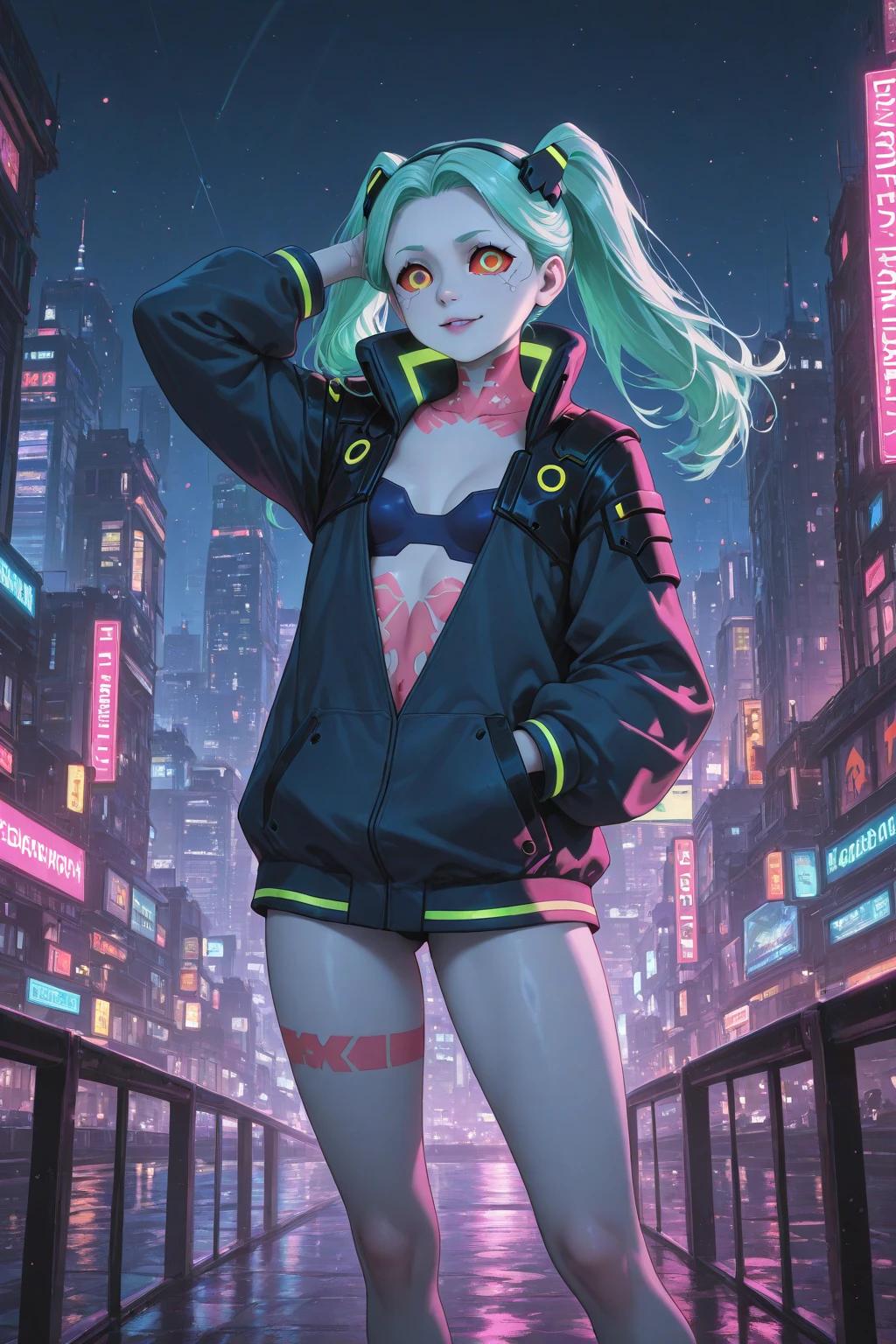 (detailed face), (masterpiece), (beautiful face), ((highly detailed)), <lora:rebecca_v1:.9>, (1girl, rebecca \(cyberpunk\), solo, twintails, black hairband, (perfect eyes), mechanical eyes, colored sclera, red sclera, , colored skin, white skin, leg tattoo, neck tattoo, green hair, small breasts, black bra, thong, red pupils, red eyes, black jacket), shy smile, indoors, background cyberpunk nightclub, 8k