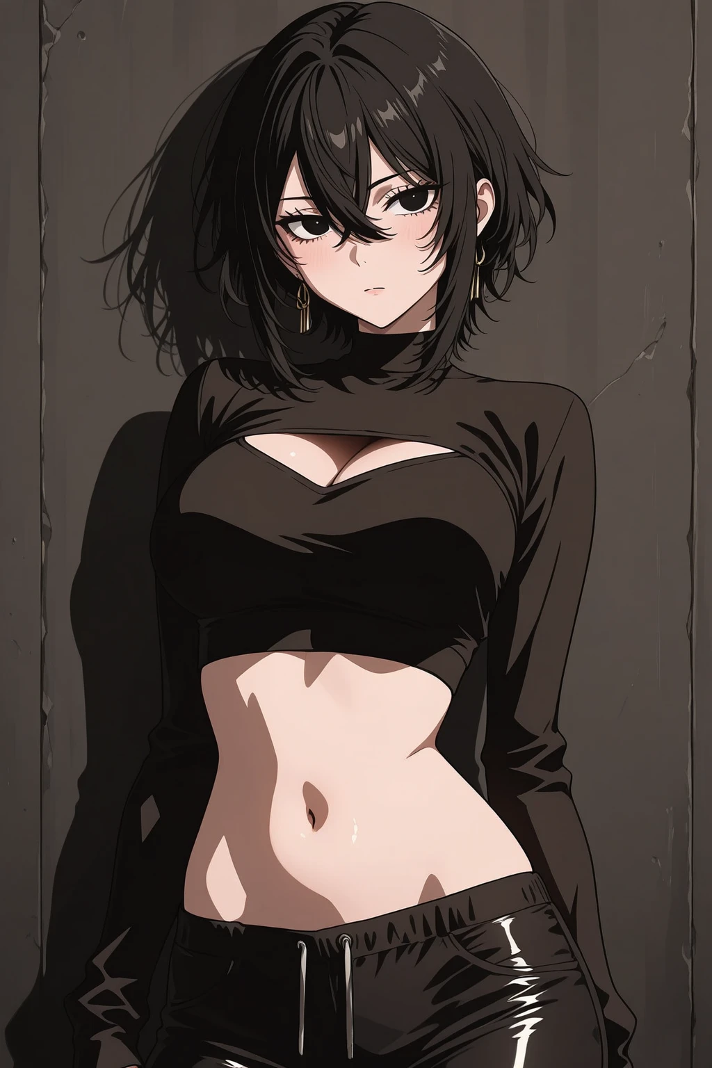 Best Quality, (background details), high contrast, very beautiful woman, detailed original illustration, functional, Kunoichi, ninja costume, black hair, delicate face, charm, bad girl,sexy, real breasts, small breasts, crazy smile, crazy eyes, black background, (black background:1.4), beautiful line drawing, monochrome, black and white drawing