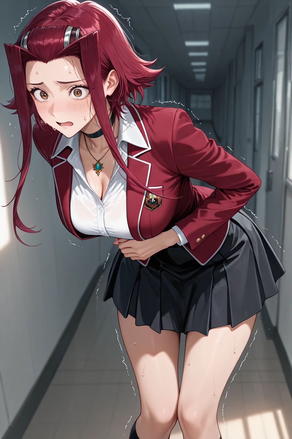 makima \(chainsaw man\), 1girl, solo, standing, red hair, long hair, golden eyes, bangs, medium breasts, smile, (evil:1.2), blush, lipstick, jewelry, earrings, Hot girl, baddie, staring, glaring, bad attitude, mean girl, dare, angry, hate, crazy, smoking, sensual, attractive,, masterpiece, best quality, highly detailed, a anime girls in sailor uniforms with a gun posing for a picture, evil smile, smile, open mouth,black_serafuku, ecchi anime style, anime girls , (nsfw) not safe for work, ecchi style, ecchi, shipgirls, digital anime art!!, high school girls, holding a gun, hold a gun, anime style 4 k, micro skirt, exposed belly, exposed navel, exposed midriff, holding pistol, exposed lower belly,school, classroom,