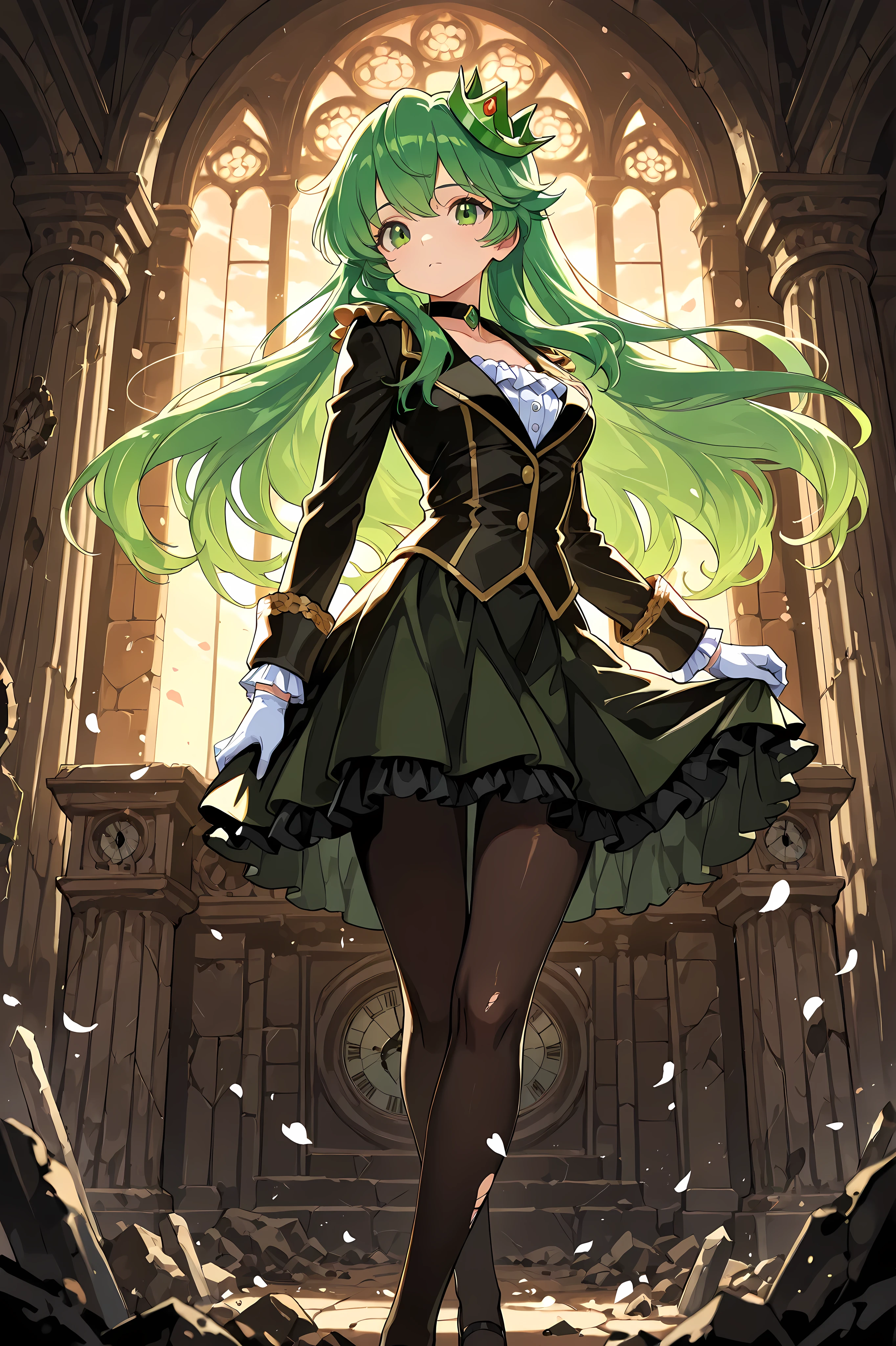 top quality, masterpiece, Ultimate Level of Detail Vannamelon, noble, noble girl, long hair, Green Hair, green eyes, elegant black and gold military uniform, skirt, pantyhose, Lace Embellished , frills, choker, white gloves, Aristocrat Standing, Proud Expression, Ruined Palace, Crumbling Marble Pillar, Rusty Gears, broken clock tower, Sky Dyed in the Sunset, Flying Petals, Drifting Ashes, Dramatic Lighting