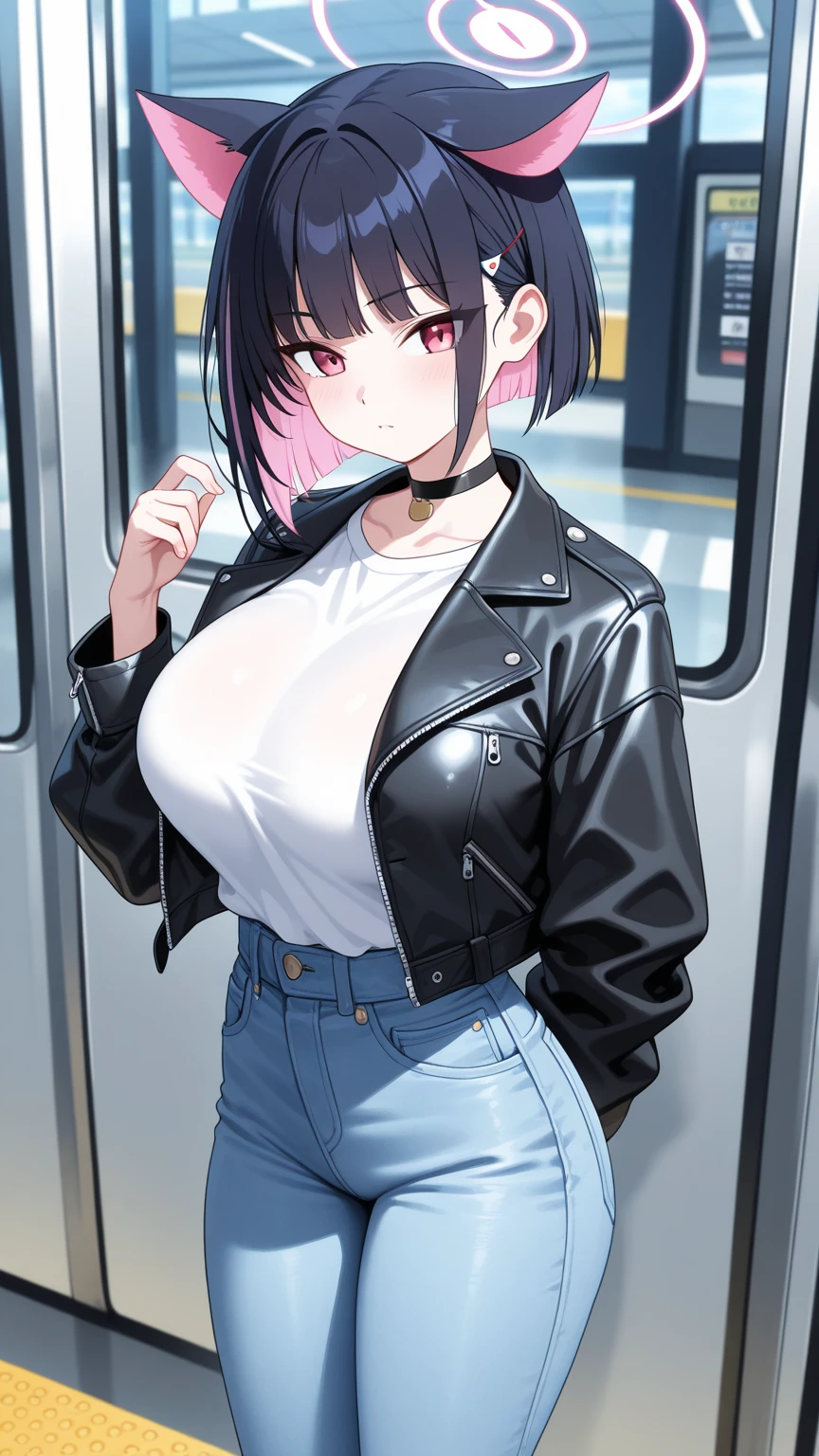 1 girl, 10 yeas old, short hair bob cut, black hair, crop top, micro skirt, mini skirt, thigh socks, gothic, sexy, crouching, choker, glasses, under boob, underboob, big boobs, blurry background, florest background