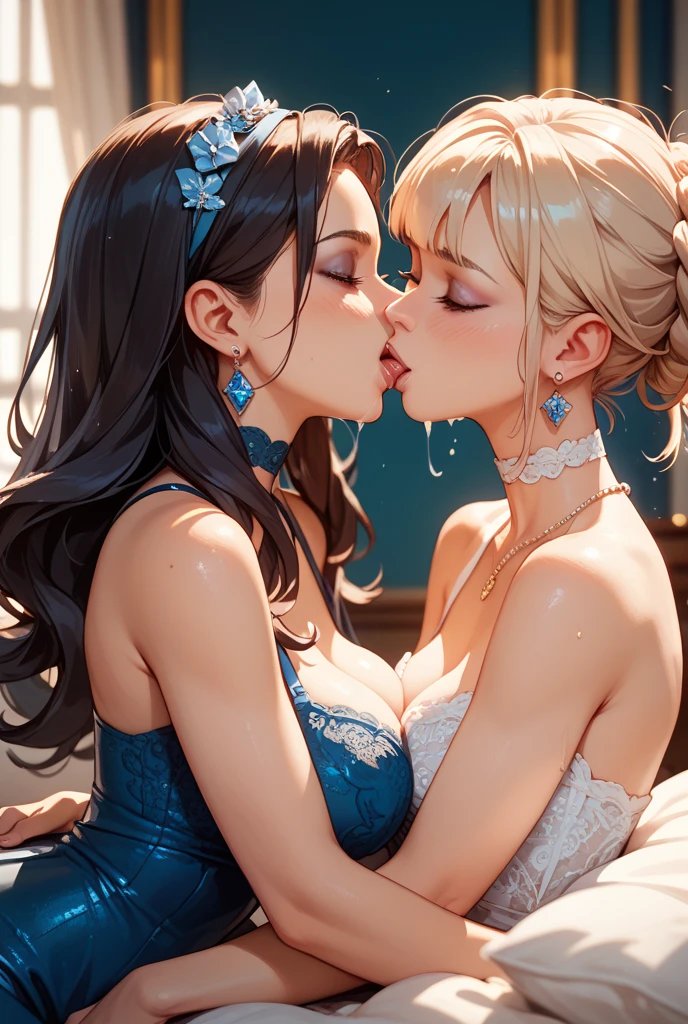 (Best quality, 8K, Masterpiece:1.3, 2 girls, Beautiful girl), cute, Dynamism, Detailed face, Detailed skin, detailed clothes, Detailed eyes, Detailed lips, Detailed tongue, Detailed fingers, Detailed mouth, Photorealistic, Raw photo, highres, hight resolution, Natural lighting, dynamic pose, perfect anatomy, toned legs, double eyelids, tear bags, round eyes, moist lips, sweaty, ecstatic face, rhythmic-gymnastics decorative leotard, (lots jewelry on leotard), gymnastics arena, half closed eyes, blush, open mouth, tongue out, tongue kiss, ahegao, drooling, split-color hair, (lesbian, lesbian kiss, yuri, 2 girls are kissing), erotic kiss, sexy kiss, forehead, bangs, grabbing crotch, lesbian sex, hair bun, (white leotard), masturbation
