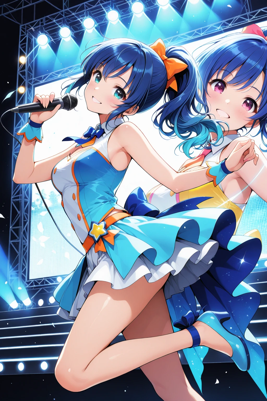 ((32k)), ((best quality)), ((ultra high res)), ((HDR)), ((UHD)), ((extremely detailed CG)), ((unity 32k wallpaper)), ((illustration)), ((((3 girls)))), (cute smile), (cute bikini), (((Idol Costumes))), ((Idol Stage Background)), ((love live!)), ((Holding a microphone)), (Peering from below), ((happy)), blue hair, black hair, closed mouth,