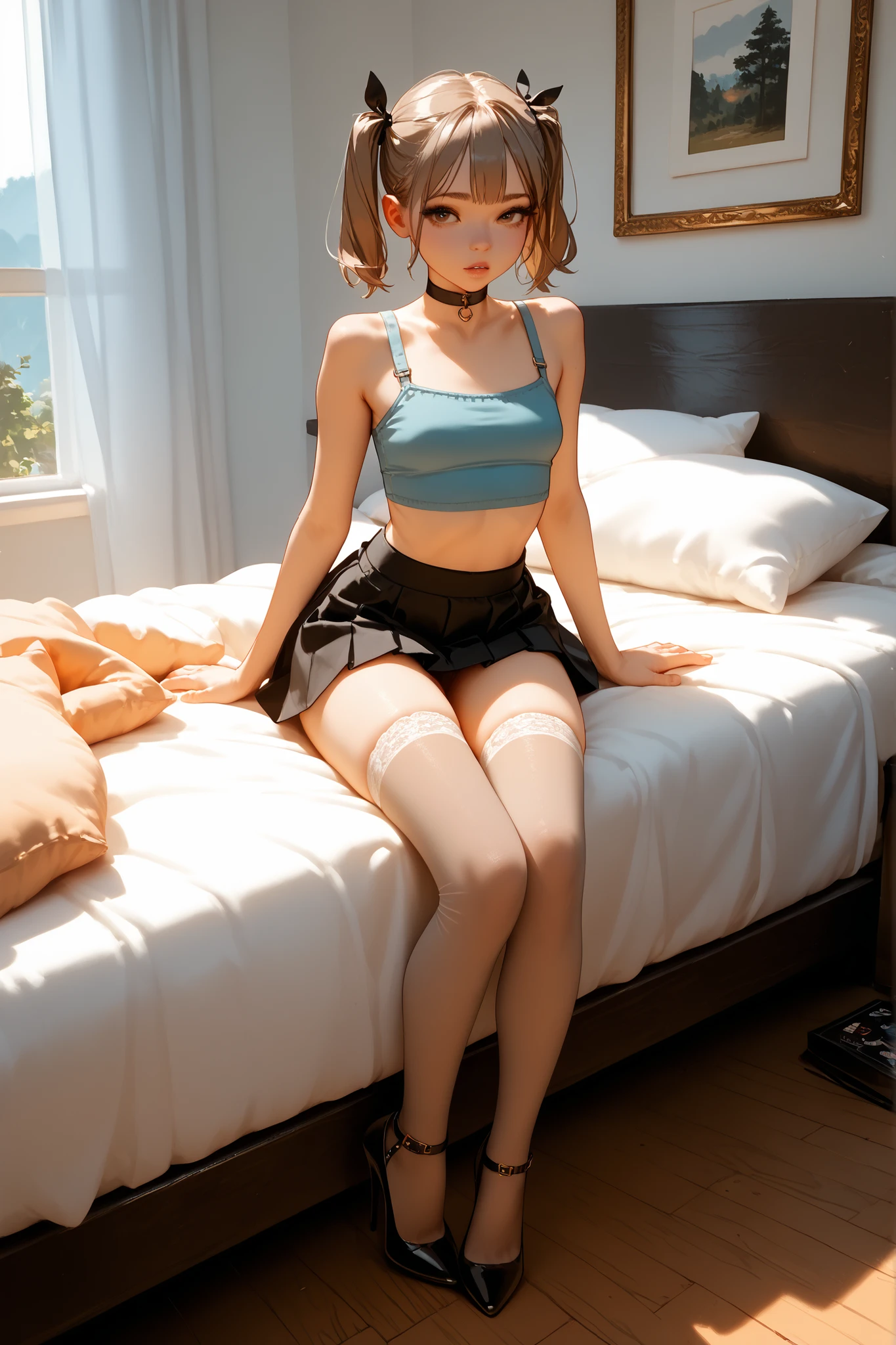 femboi， ((Masterpiece)), (Cute: 2.0), The face is extremely detailed, Enchanted expression, Strong gaze, Black Double French Braid, (Thin structure),Slightly round face, Tanned brown face, Healthy face, Big eyes, Thin thighs, (Small chest), confident pose, harsh, Almond-shaped eyes, rich palette,choker necklace,3D，open-toe high heels, goddess,open-toe high heels, goddess, Lean-yet-toned body/androgynous body aesthetic, spasm