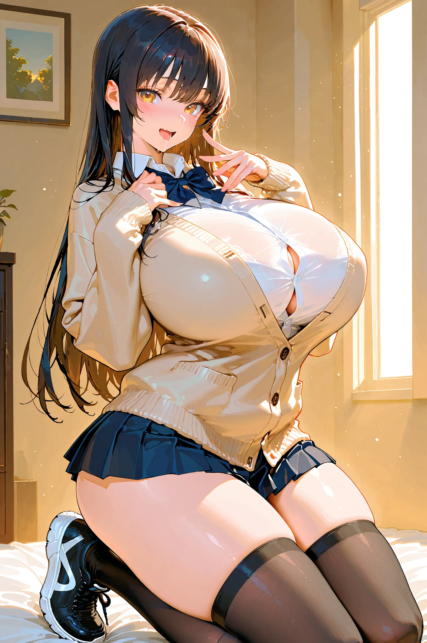 Highest quality,Highest quality,One girl,((Big Breasts:1.3)),Mouth closed,orgasm,blush, Sweat,Nanoha Takamachi,Takamati Nanoha,((Long Hair,Straight hair:1.3)),White shirt,Pleated skirt,Blue Skirt,mini skirt,Panty shot,Under the skirt,Lift up your skirt,White panties,Lace panties,classroom,whole body,Recall