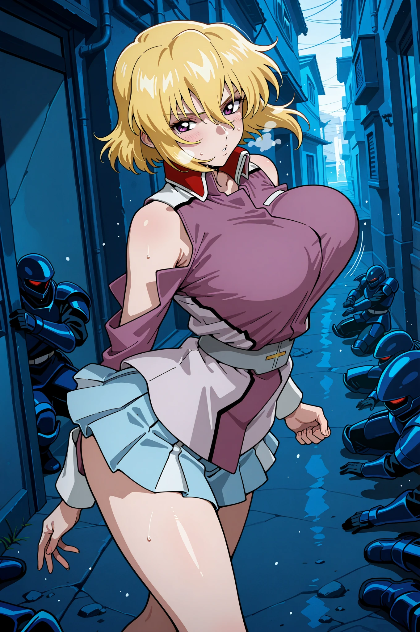 3 Girl，Blonde，Pink Hair，Blue Hair[Very short hair|Very long braid]Asymmetrical Dress]，Under the chest，落書きで覆われた壁の前にsquat，Street fashion，High heels，Very sexy pose， art germ，Fans only，During pregnancy，squat，Spread your legs，Adult Toys