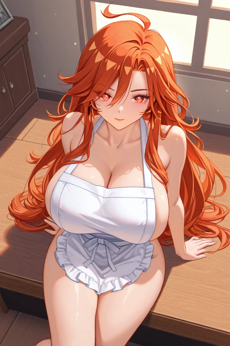 (Ultra_High_Resolution_and_Ultra_High_quality_image), (Masterpiece), (perfect_body), ((gigantic_round_breasts)), well_drawn_eyes, beautiful_face, well_drawn_anatomy, (warm_smile_look_blush), (in_kitchen), looking_at_viewer, wearing tight green sweater and tight white shorts, thigh highs,shortstack, showing ass,Kushina, Uzumaki Kushina, Red hair, Long hair, Long red hair, Hair clip, Left bang hair clipped full body (NSFW breasts), hdri, extremely naked, nude, nua, pelada, nsfw, gigantic breast 1.9, no half leg