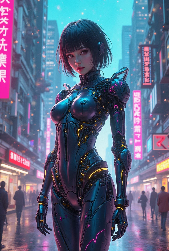 ((una hermosa chica cyberpunk viste un disfraz de Harajuku Tech), (lentes ciberneticos de tinta rosa), con pecas, lengua traviesa de fuera, aretes de neon, pelo azul despeinado, tatuajes yakuza, autodisparo, raytraced, viento, paisaje de la ciudad ciberpunk, (aesthetics and atmosphere:1.2),sonriente, Laugh，plano amplio, cuerpo completo, extremidades cyberneticas. (foto cruda, mejor calidad), (realista, photo-realista:1.3), Obra maestra, un extremadamente delicado y hermoso cuerpo, extremidades ciberneticas extremadamente detalladas, Best quality score, ultra dynamic punk pose, middle body, close up, high view, neon lights atmosphere, angulo picado, colores neon: rosa, verde, morado y azul