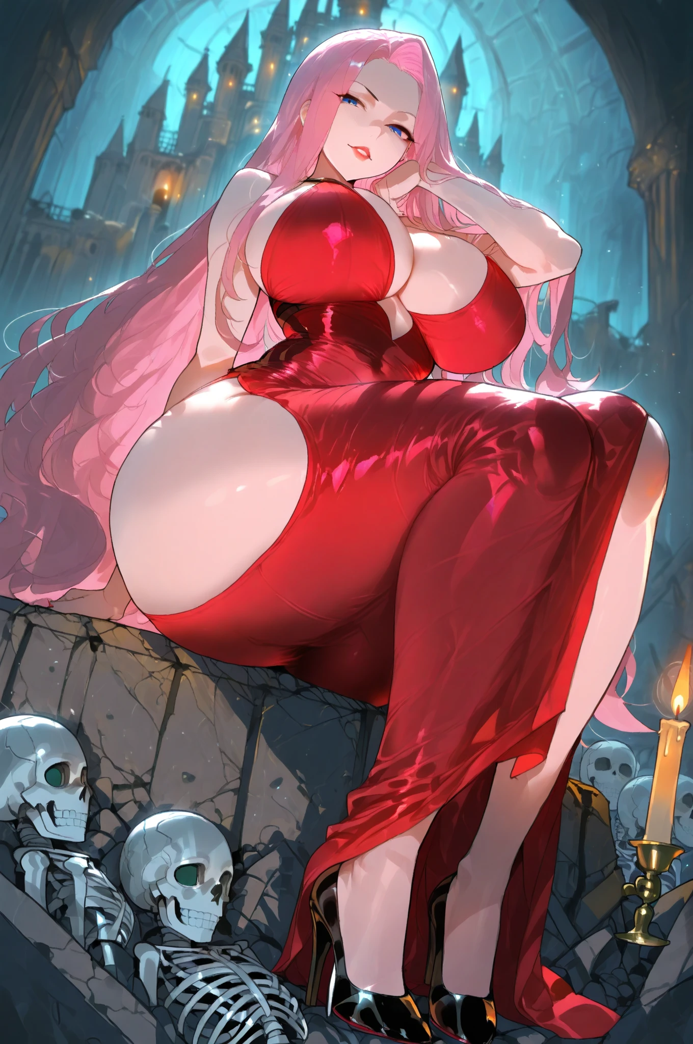 From a mountain peak, the Giantess Goddess, with fiery red skin and molten gold eyes, descends into the valley city below. Her hair, a cascade of flames, whips around her as she moves with sinuous grace. Crouching low, she scoops up terrified humans, her searing touch both gentle and predatory. Bringing them to her lips, she whispers dark promises, then presses their tiny bodies against her fiery curves. Their struggles and cries of pain fuel her pleasure, each crushed life amplifying her volcanic lust. The city crumbles beneath her, a testament to her unyielding dominance and insatiable desires.
