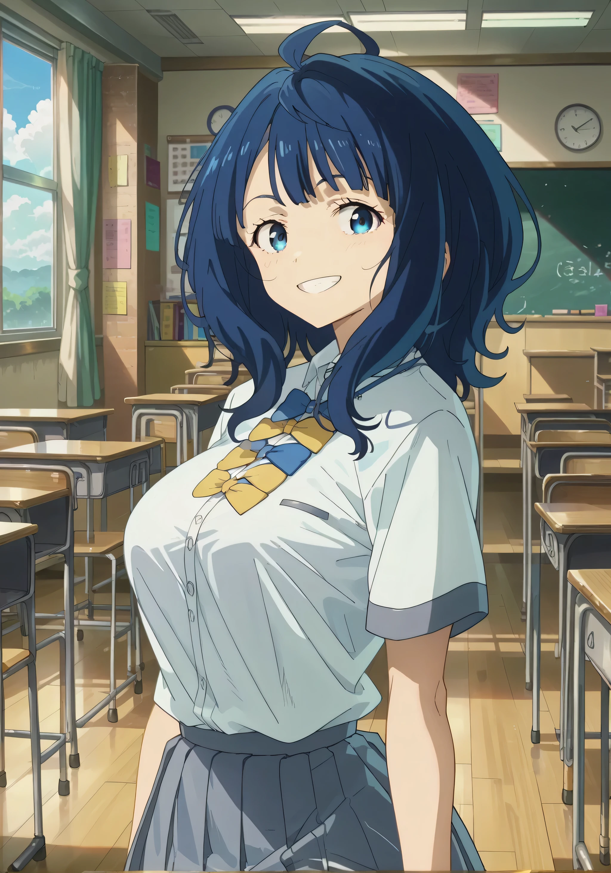 score_9, score_8_up, score_7_up,source_anime, zPDXLxxx, zPDXL,
solo, standing, indoors, school uniform, happy, smile, looking at viewer, large breasts, school, classroom,
yanamianna, medium hair, ahoge, anime screencap, anime coloring
