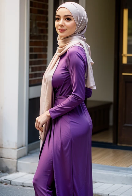 Close up),RAW, Best quality, high resolution, masterpiece: 1.3), Beautiful Malay woman in hijab,Karya, fit body, big breast,sthick thighs,big beautiful eyes, Soft smile, beautiful face,close up of a woman wearing a purple dress and a hijab, hijab, wearing beautiful clothes, lovely woman, purple tunic, beautiful design, cute beautiful, purple outfit, with lovely look, beautiful female, purple color, purple top, beautiful malay woman, very beautiful girl, with beautiful colors, very beautiful girl, cute woman, purple skin color,  with a view of mountains, full body picture, , with sunset, moutain in background Great lighting, Bright colors, Clean lines