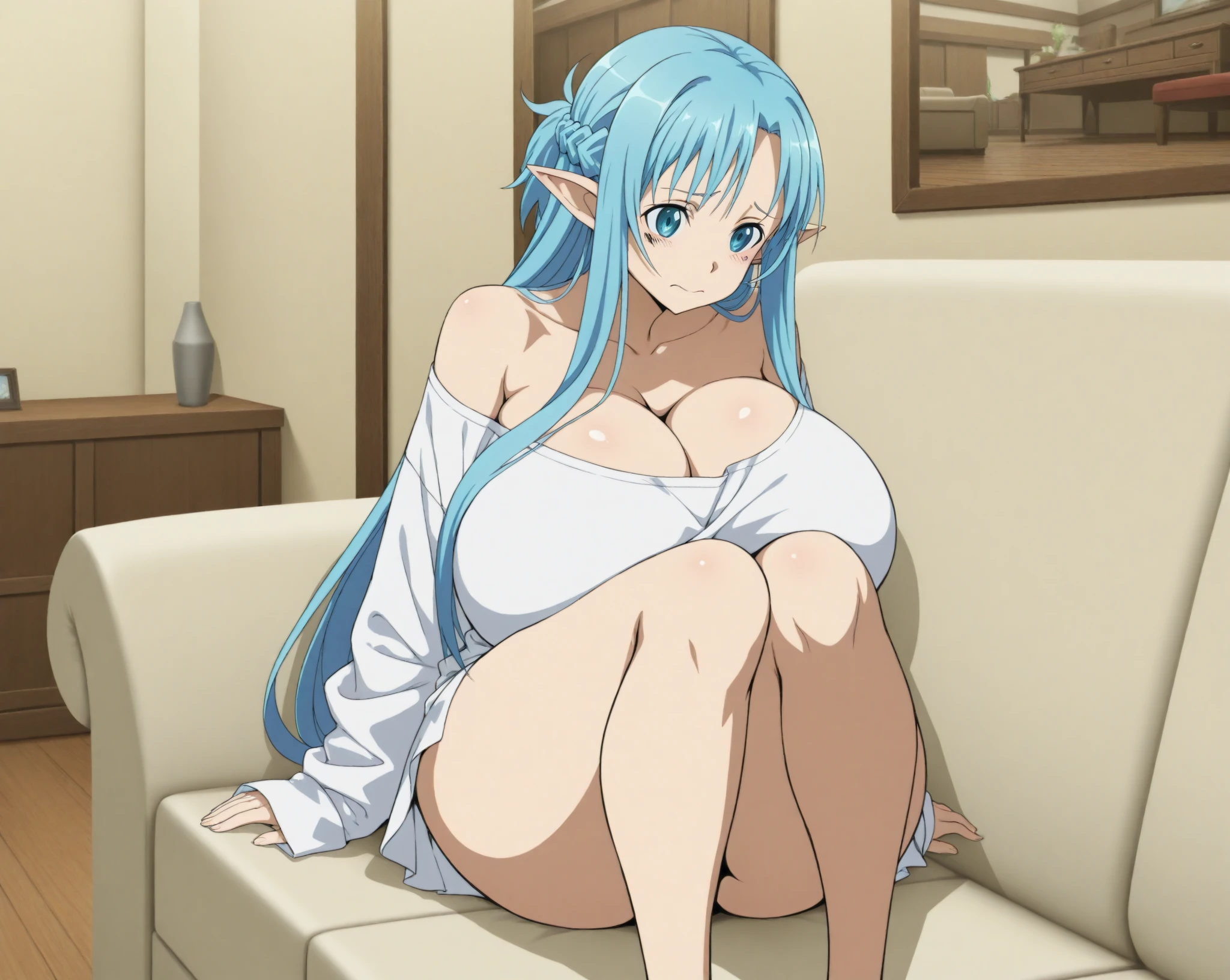 (nsfw), masterpiece, high quality, 4K, Wow_fast_no_Freezing_style, ((I want to be a secret power), Epsilon:1.3), Light blue hair, Long twin tails), One girl, Pointed Ears, Fairy, (Topless:1.5),(tits:1.5), (Big Breasts:1.5), Green Eyes, Athletic ability, Pointed Ears, baby doll, See through, underwear, underwear only, smile, Aggressive girls, indoor, Sitting, On a white bed, slim body