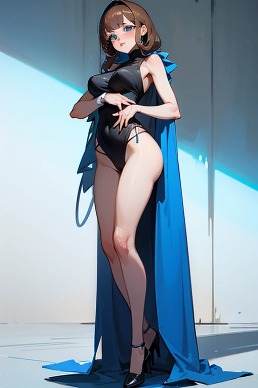 dutch_angle, from_below,full body,very tall girl, huge breasts,cleavage,thick thighs,very long arms,very long legs, small waist, black suit,short hair, black background