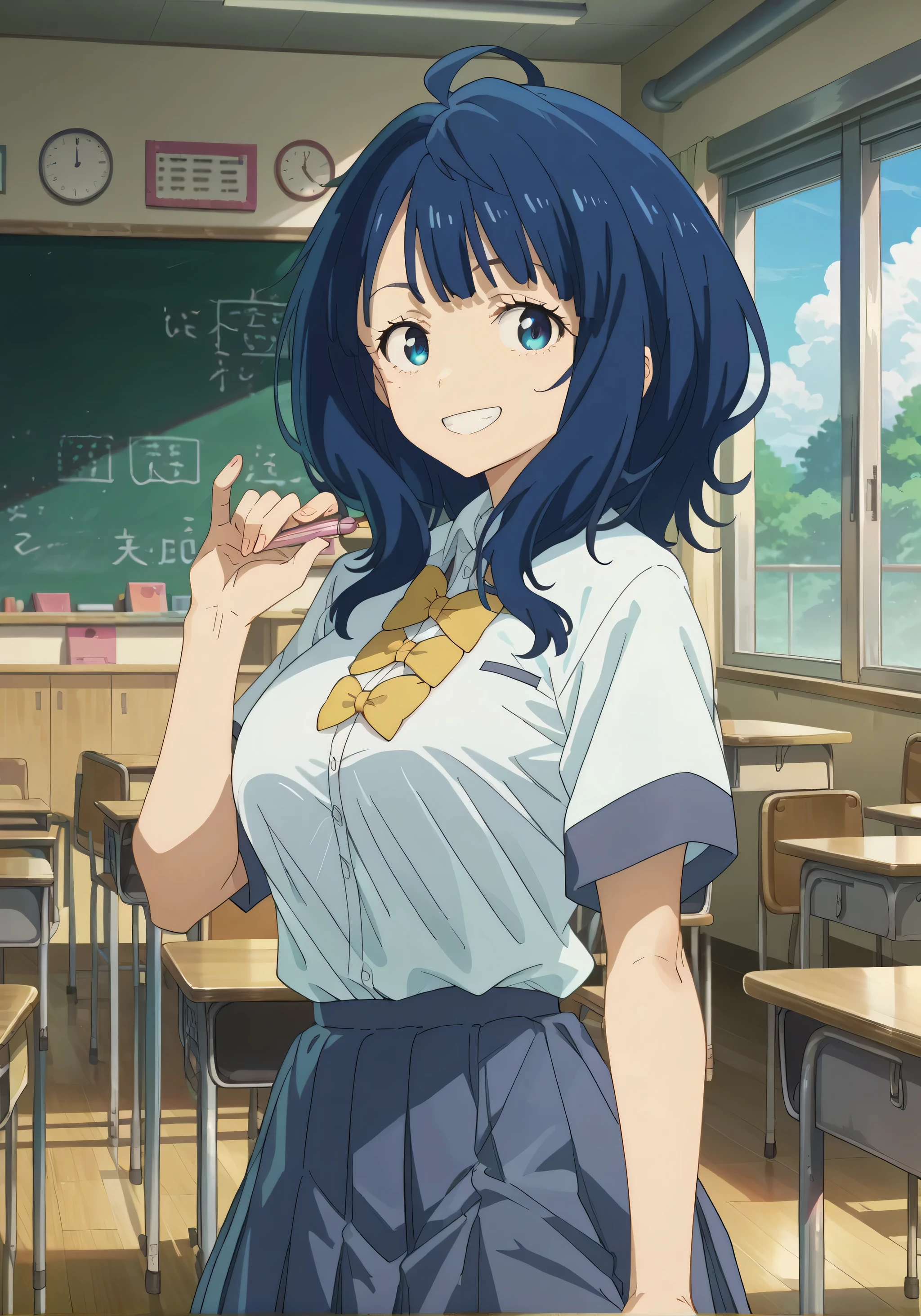 score_9, score_8_up, score_7_up,source_anime, zPDXLxxx, zPDXL,
solo, standing, indoors, school uniform, happy, smile, looking at viewer, large breasts, school, classroom,
yanamianna, medium hair, ahoge, anime screencap, anime coloring